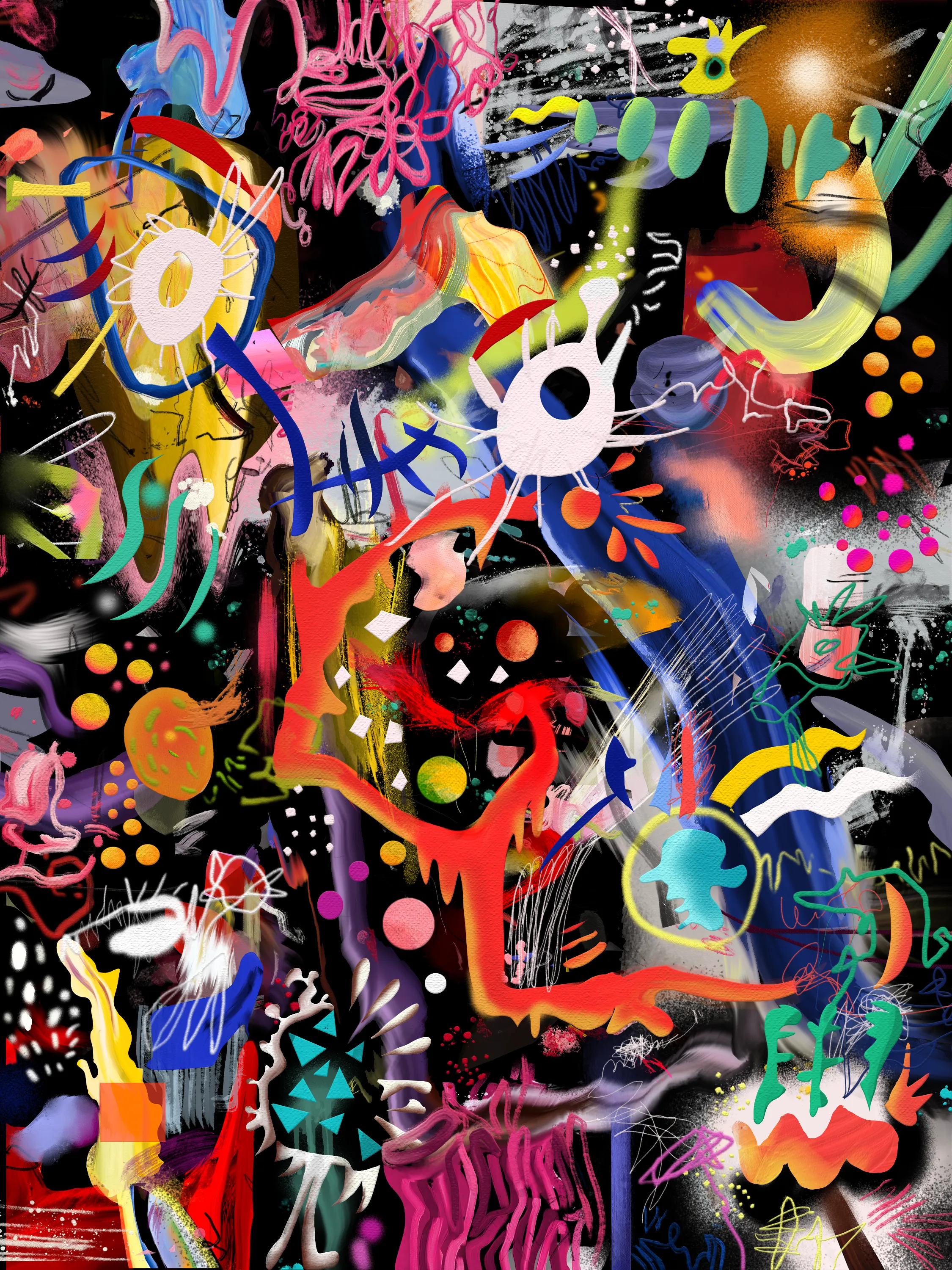 This painting is inspired by the night and everything hidden in the dark, everything that happens when everybody sleeps. It's the first series of paintings where abstraction and figuration meets presenting us a new and unexpected world where everything is posible as long as we wish it.
