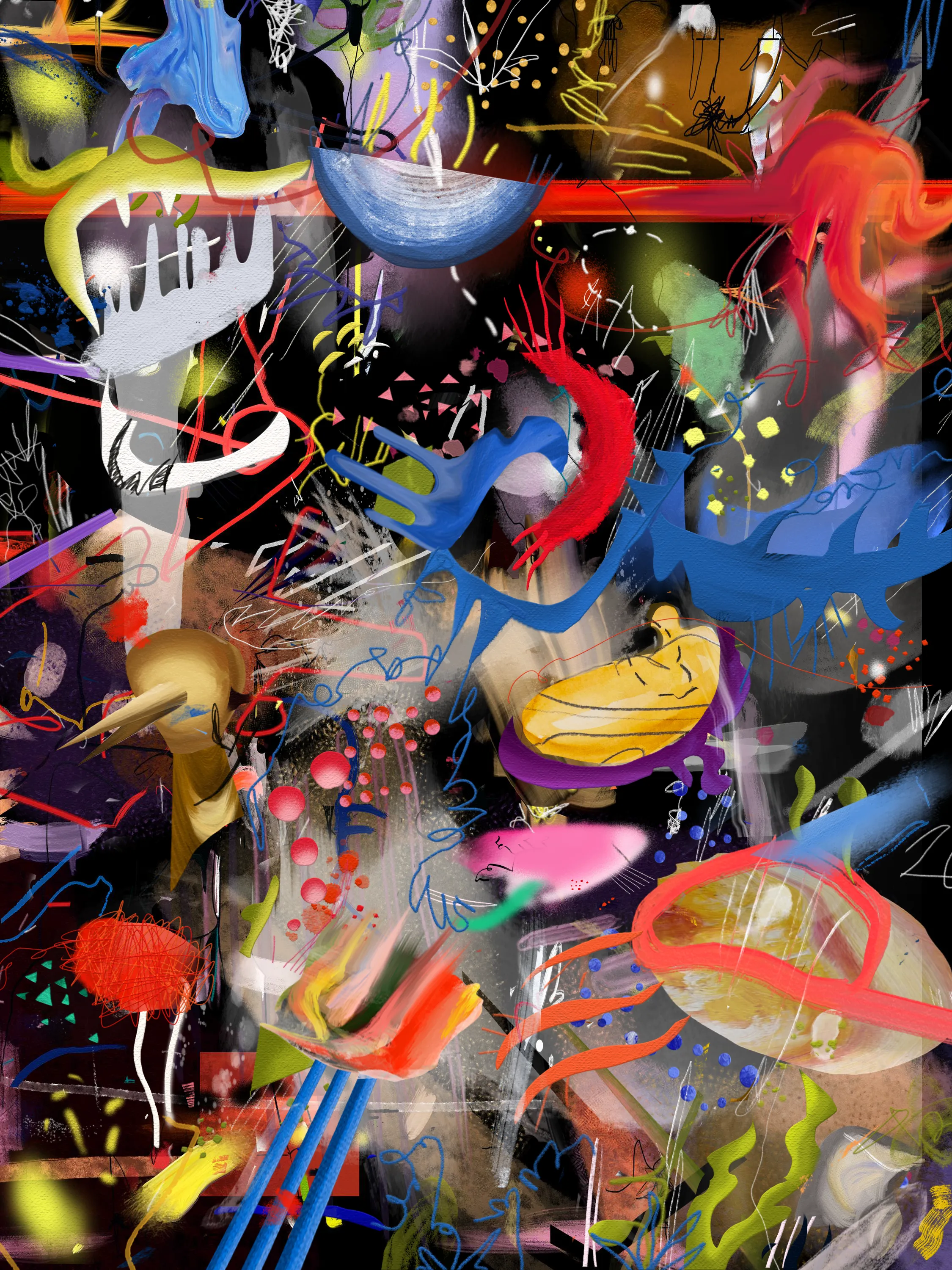 This painting is inspired by the night and everything hidden in the dark, everything that happens when everybody sleeps. It's the first series of my paintings where abstraction and figuration meets presenting us a new and unexpected world where everything is posible as long as we wish it.