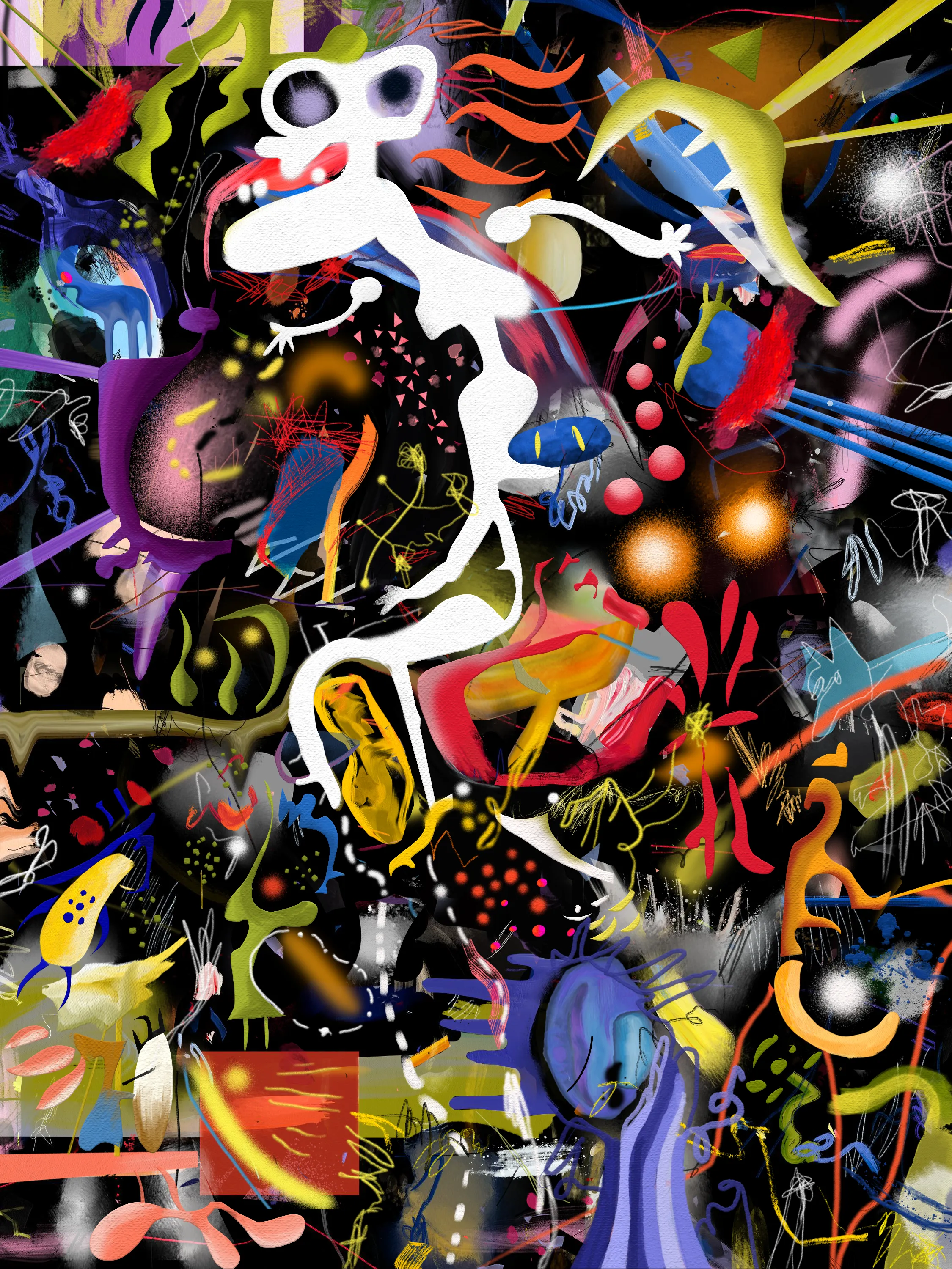 This painting is inspired by the night and everything hidden in the dark, everything that happens when everybody sleeps. It's the first series of paintings where abstraction and figuration meets presenting us a new and unexpected world where everything is posible as long as we wish it.