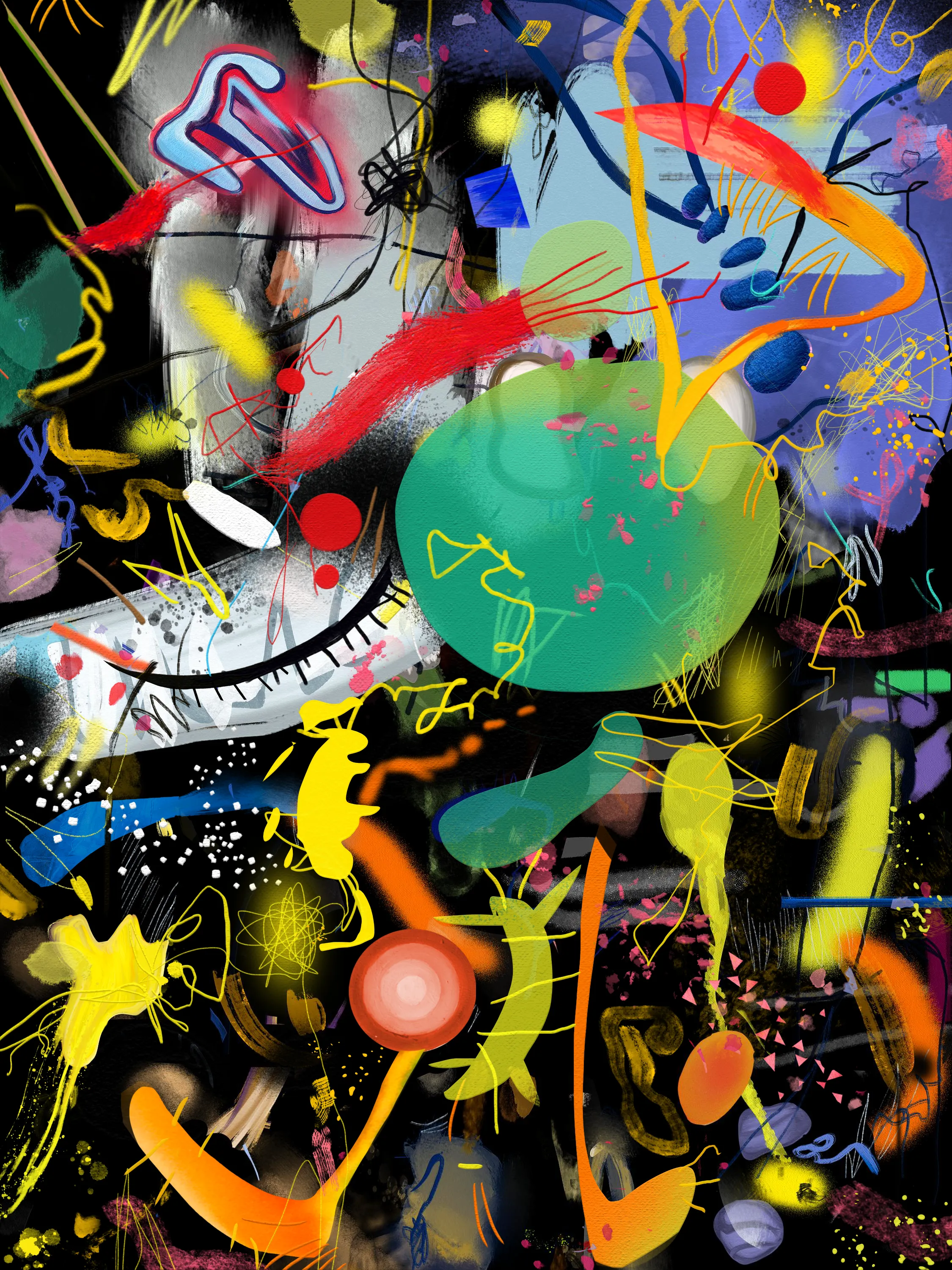 This painting is inspired by the night and everything hidden in the dark, everything that happens when everybody sleeps. It's the first series of paintings where abstraction and figuration meets presenting us a new and unexpected world where everything is posible as long as we wish it.