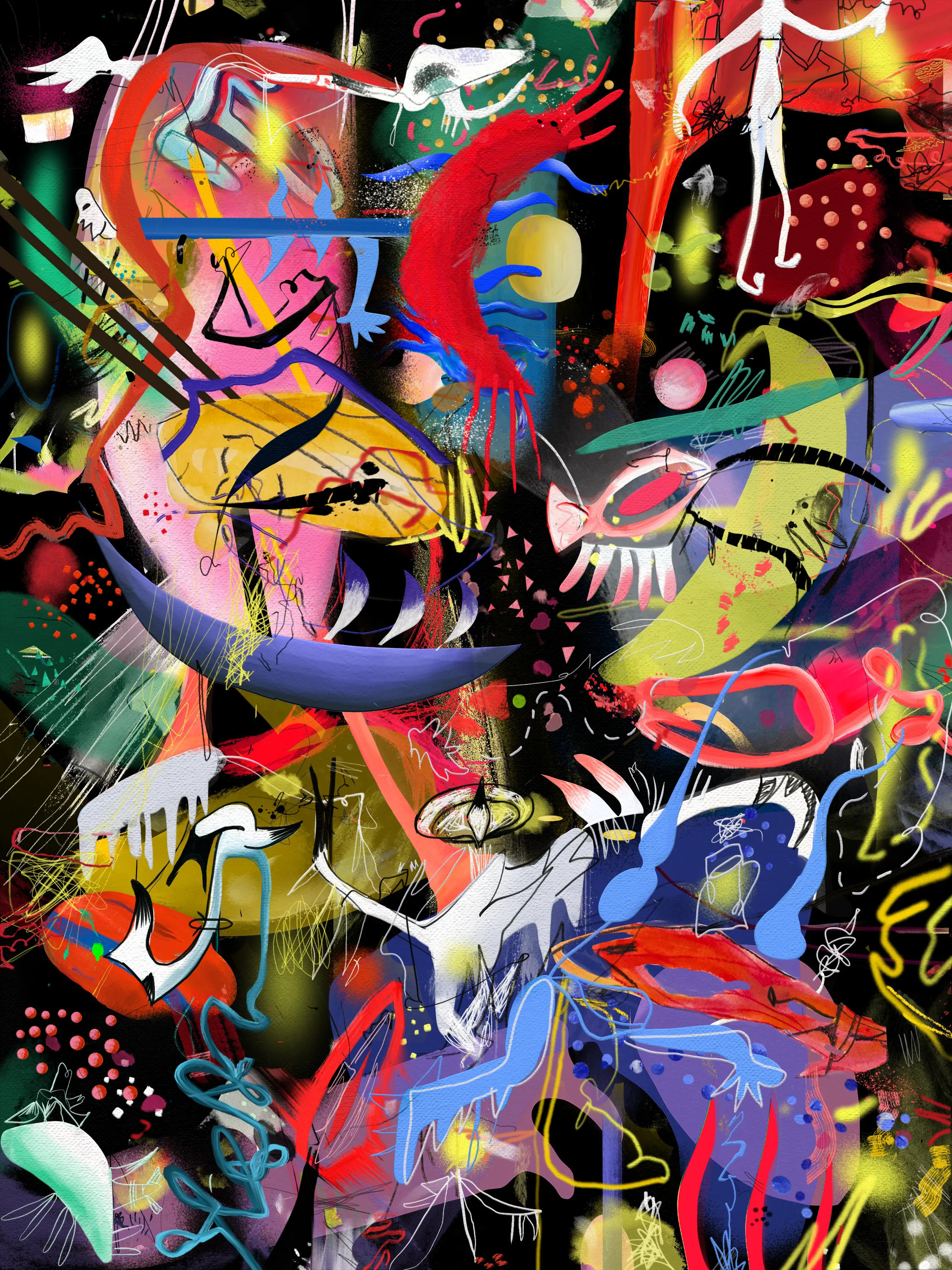 This painting is inspired by the night and everything hidden in the dark, everything that happens when everybody sleeps. It's the first series of paintings where abstraction and figuration meets presenting us a new and unexpected world where everything is posible as long as we wish it.