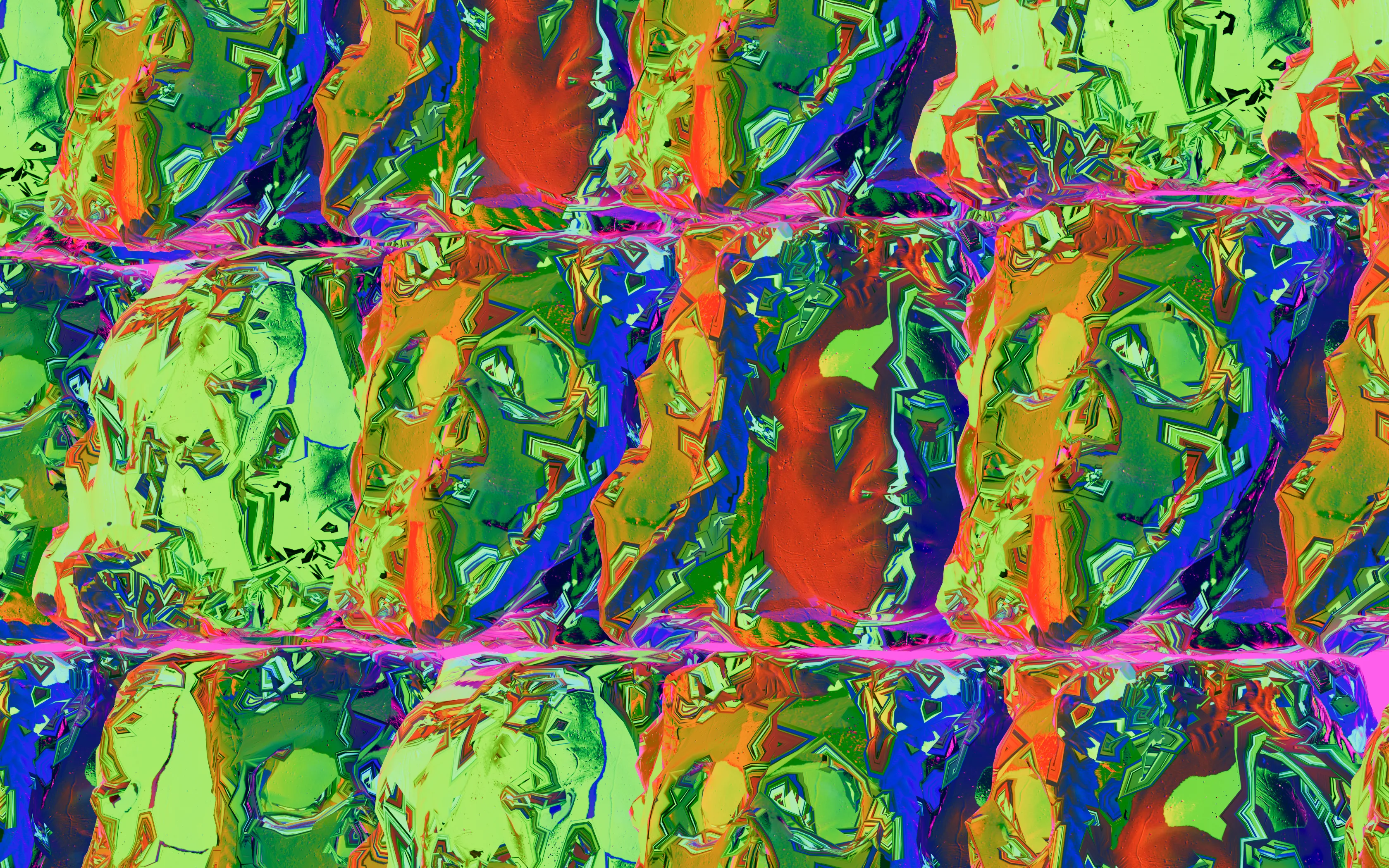 The Mystery v5-dv2 (chroma screen) Collection are moments from an animated digital sculpture by Auriea Harvey. She selects deeply aesthetic stills and loops which are semi-abstracts and rhythms which show the sculpture’s true expression. Each piece of the collection is a meditation on violent hypnotic color, where a face, a skull, flowers, braids, move in and out of recognition.