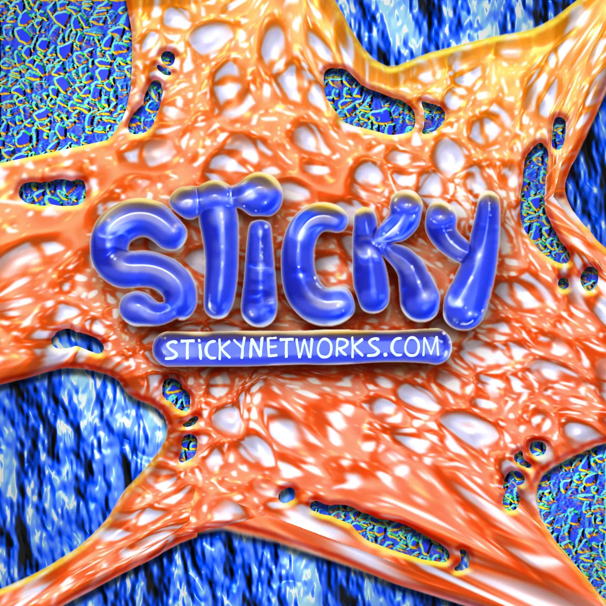 Guile Twardowski reimagined logo for **stickynetworks.com** (1999-2000) a platform that allowed users to paste pop-up messages on any website. Inspired from [a logo](https://folia.mypinata.cloud/ipfs/QmPKNVntZAwX1QUED7ArTvKDeRrJgREaj82GSAuhshG8LB/stickynetworks.com/inspo.png) generated by Cosmographia's text-to-image AI. 

[**Dotcom Seance**](https://dotcomseance.com) is a collection by Simon Denny, Guile Twardowski, and Cosmographia. 

Presented by [Folia](https://folia.app).