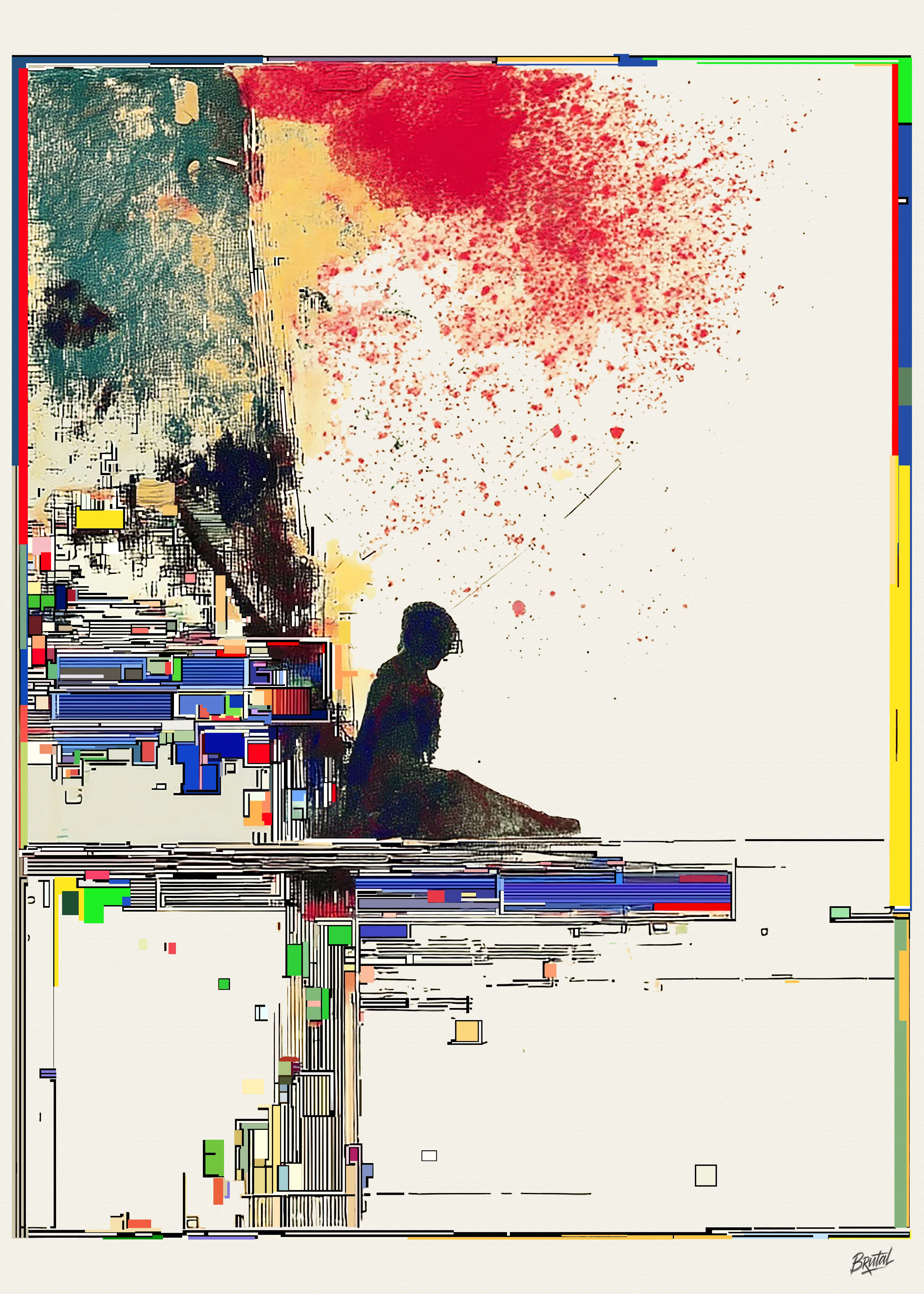 Digital native artwork – digital acrylic, virtual spray, and simulated drips on a JPG pixel matrix, with manual intervention on RGB subpixels and layered glitch. Digitally signed: Brutal, 
2025.4286 x 6000 Pixel