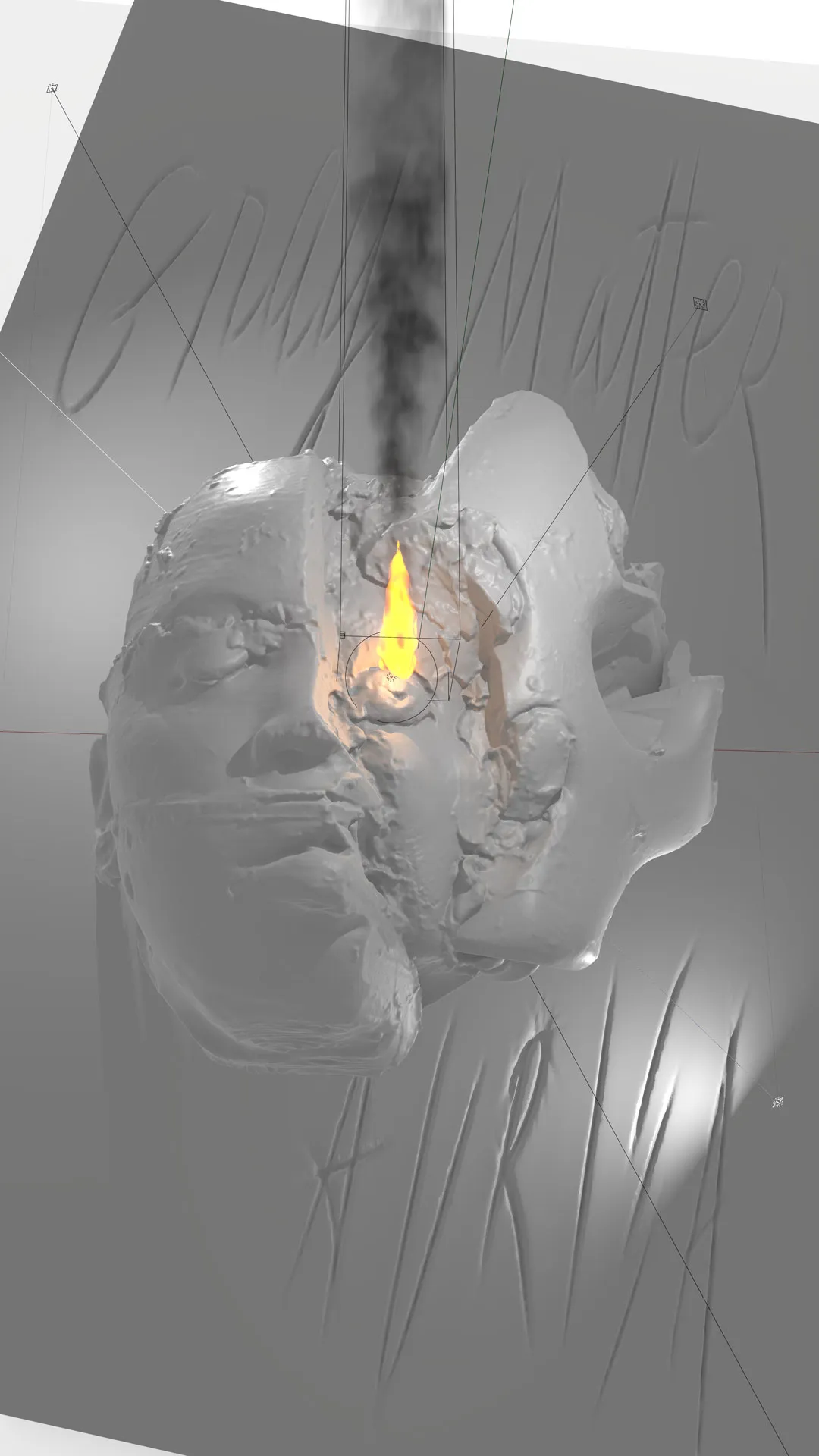 The poster depicts the digital sculpture Gray Matter, while flaming and smoking on a gray background marked with the exhibition title and the artist’s signature.

Artist Note:
This image is my signature on the exhibition. It welcomes you behind the scenes and into the digital studio. You see the eponymous sculpture "Gray Matter" as it is set up for rendering. I hate to render though, I much prefer real-time art, so I poke fun at the act by leaving the tools and guides of lights visible. And instead of creating artifice with the smoke coming from the central polygonal flame, I leave it exposed for the illusion it is. Such is life, in 3D.