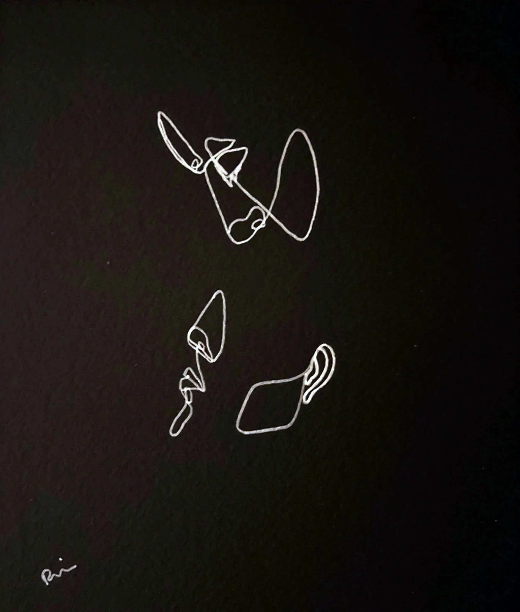 Hand Drawn One-line Drawing on Paper  
Silver Pen on Black Paper  
Physical size: 
7x7 inch - 17,78 x 17,78 cm