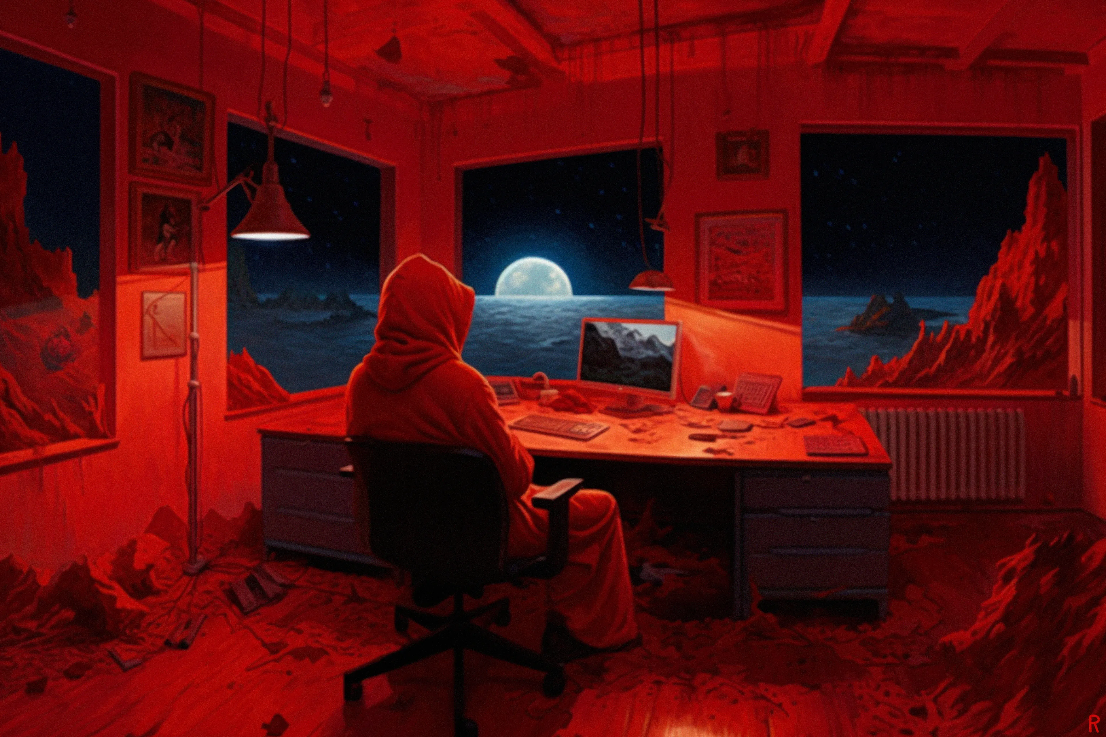 In the RED of solitude, dreams take flight,
A lonely soul, embracing crimson's might.
RedruM - 2023