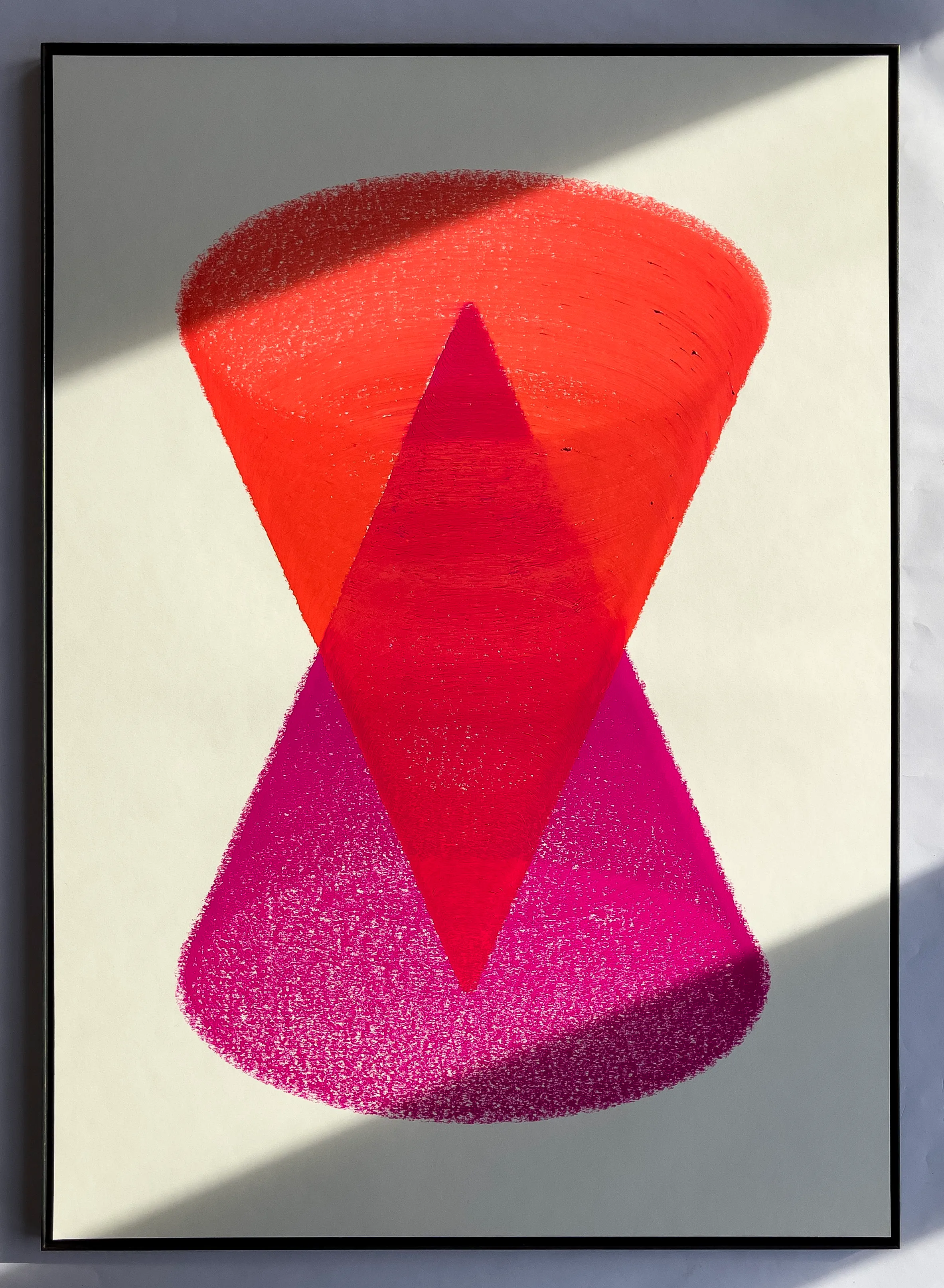 Double cones in Magenta & Orange. An early sketch on a hot day.

Magenta & Orange industrial wax on 190gsm Hahnemühle paper  
DIN A1 (59,4 x 84,1cm / 23,4 x 33,1in)  
Plotted with a custom drawing machine  
2020

The token includes the original drawing, to be claimed by the owner. Upon resale on the secondary market, the original drawing shall be shipped to the new owner. The receiver will cover shipping costs.