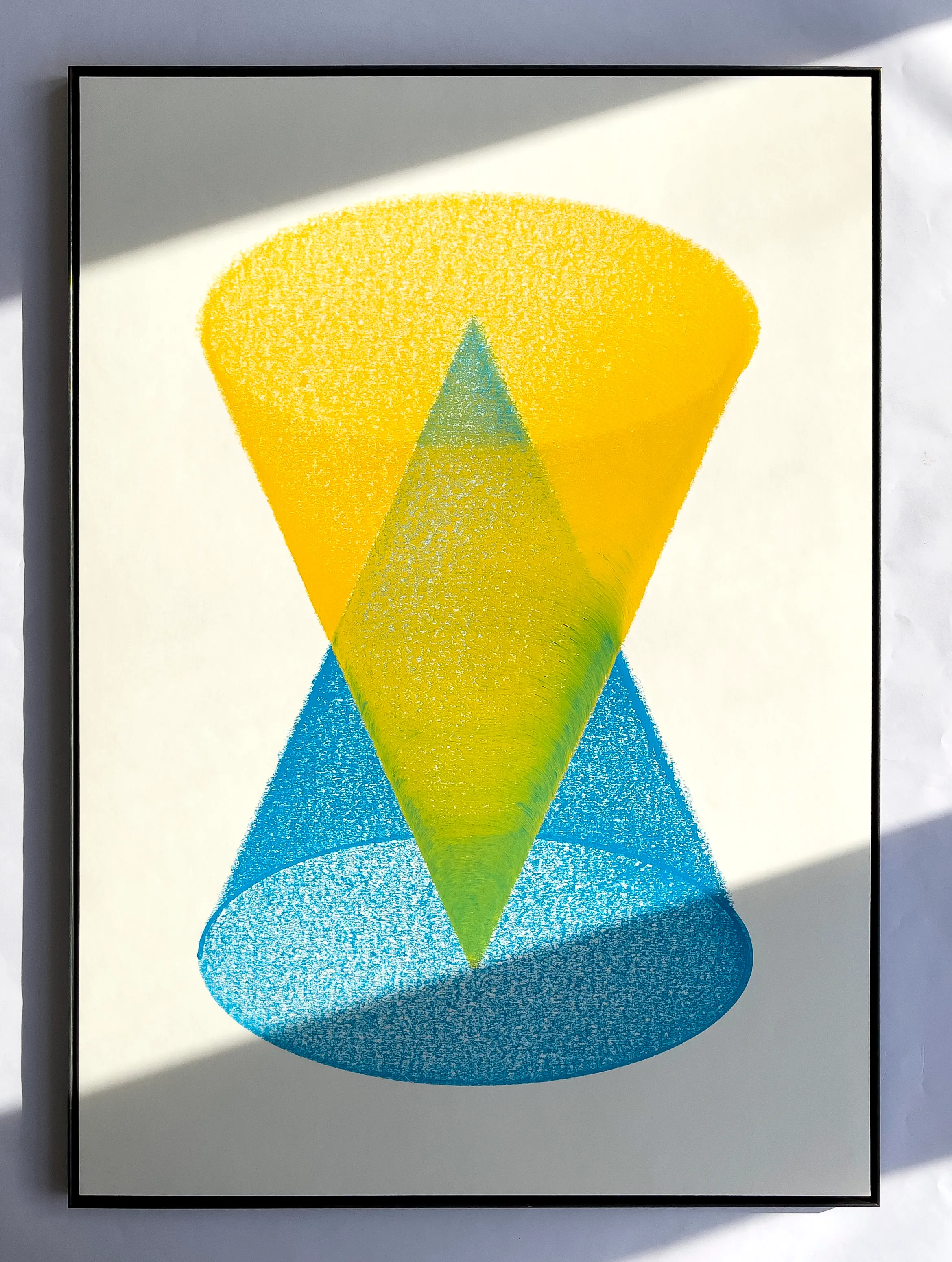 Double cones in Blue & Yellow. An early sketch on a hot day.

Blue & Yellow industrial wax on 190gsm Hahnemühle paper  
DIN A1 (59,4 x 84,1cm / 23,4 x 33,1in)  
Plotted with a custom drawing machine  
2020

The token includes the original drawing, to be claimed by the owner. Upon resale on the secondary market, the original drawing shall be shipped to the new owner. The receiver will cover shipping costs.