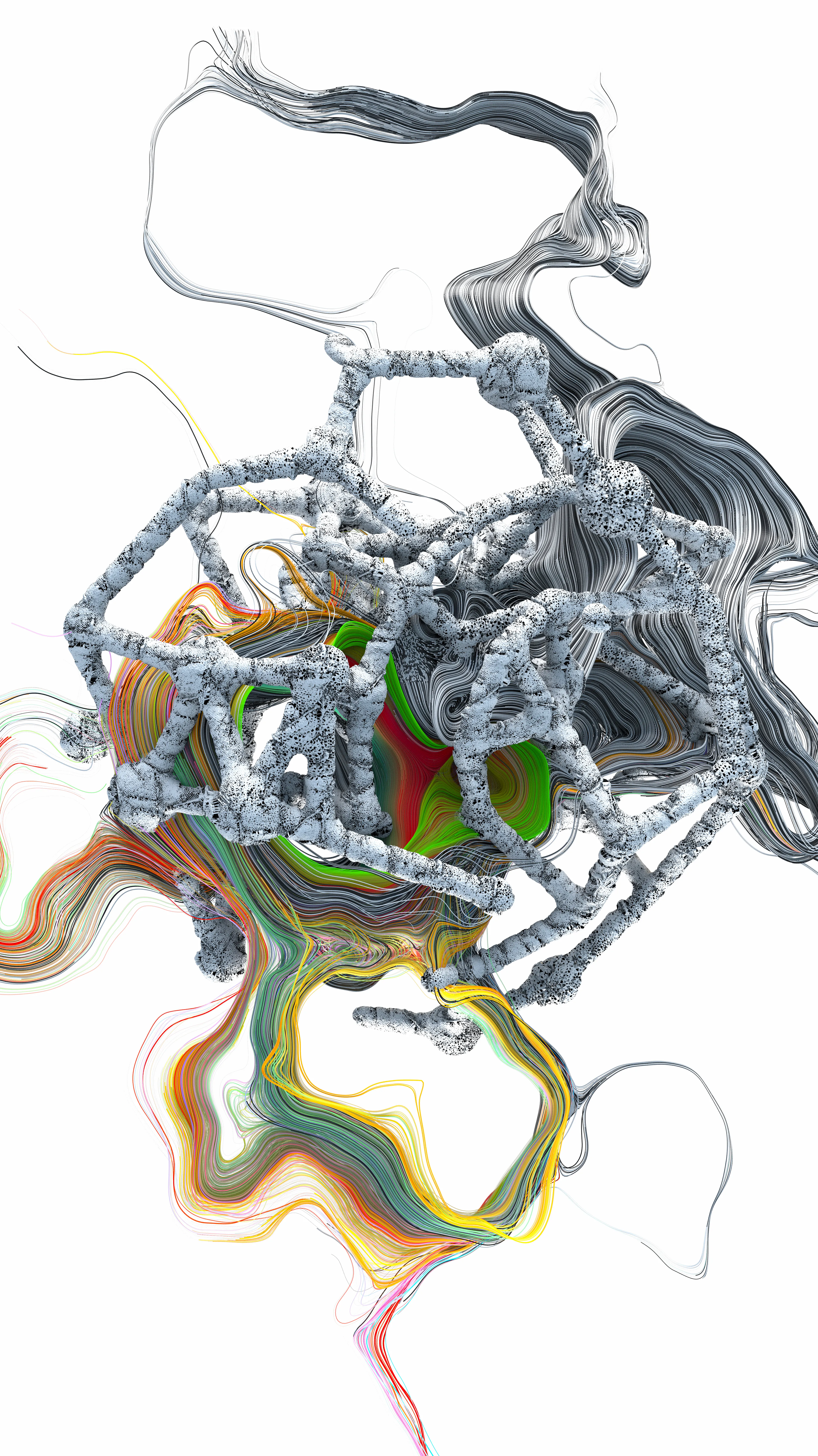 Using a proprietary algorithm, a central molecular like form is created from the word "Psilocybin." This shape, with a texture which combines the modernity of plastic together with more organic textures, speaks of the tension between between big Pharma and the use of Psychedelics. Here you see the two working together as one entity, to be a catalyst for new thinking and possibilities, made evident by the trails as they travel through the structure. These trails – representative of the noise which surrounds us in our day to day lives – begin as stark black and white and then reappear in more harmonious colours inspired by nature and the universe as a whole – a moment of clarity, calm and peace.