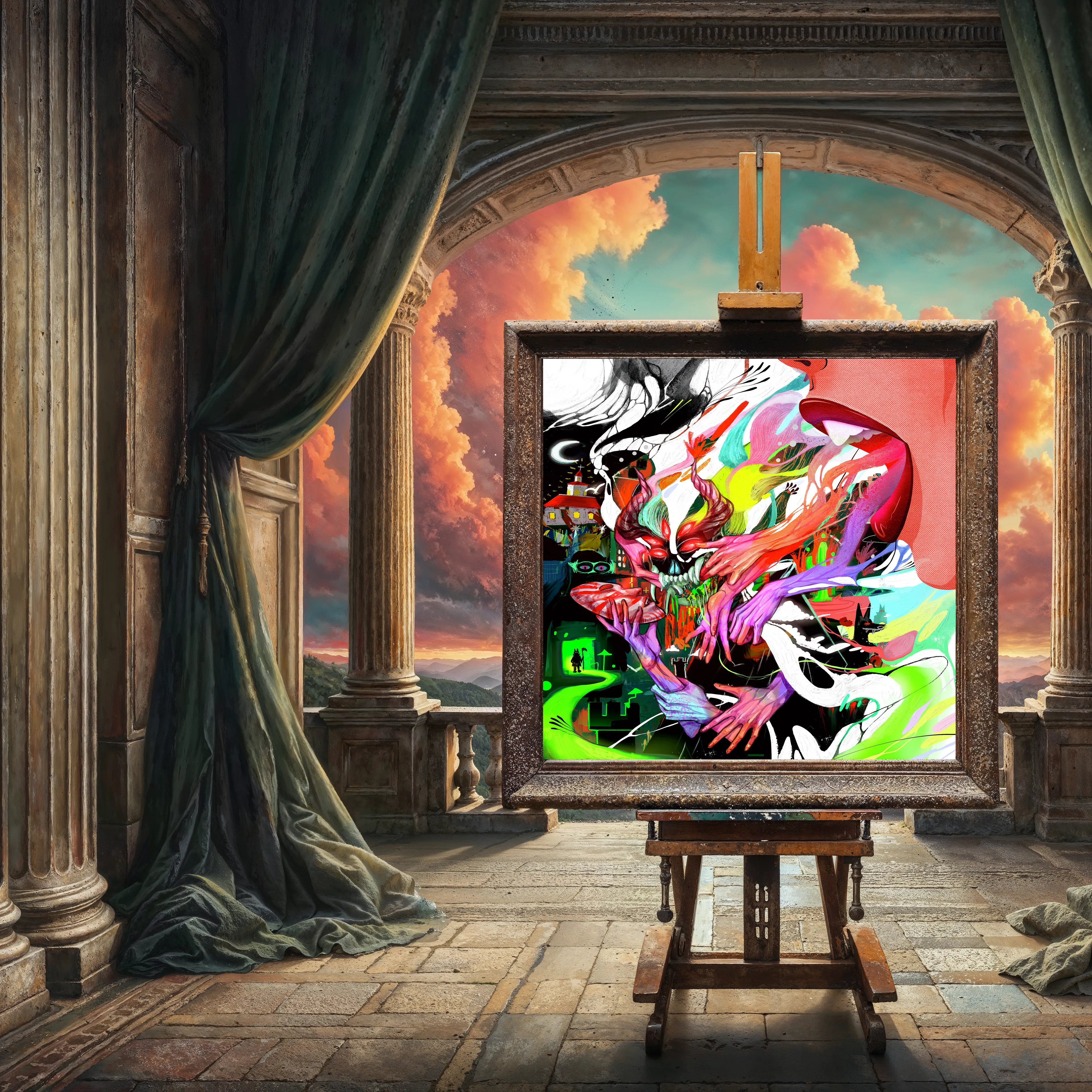 COLLAB COOKING guides viewers through a visual journey of consciousness and perception. The series begins with explosive abstractions featuring surreal figures in swirling colors, evoking primordial creation and subconscious depths. As it progresses, horned figures and skull-like forms emerge, blending abstract and figurative elements with a palette ranging from fiery oranges to cool blues.

A pivotal moment occurs when a classical architectural setting frames a vibrant abstract piece, juxtaposing tradition with avant-garde. This dialogue culminates in abstract elements bursting from the frame, symbolizing imagination's triumph over convention.

The series then shifts to more structured works reminiscent of action painting, suggesting a mind organizing its thoughts. It concludes with contrasting pieces: a return to vibrant abstraction and a serene twilight landscape, encapsulating the coexistence of chaos and calm.

Throughout, masterful use of color, form, and composition creates a coherent narrative despite diverse artistic voices. The collection challenges viewers to connect disparate styles, offering a rich exploration of the human psyche, creative process, and nature of reality.