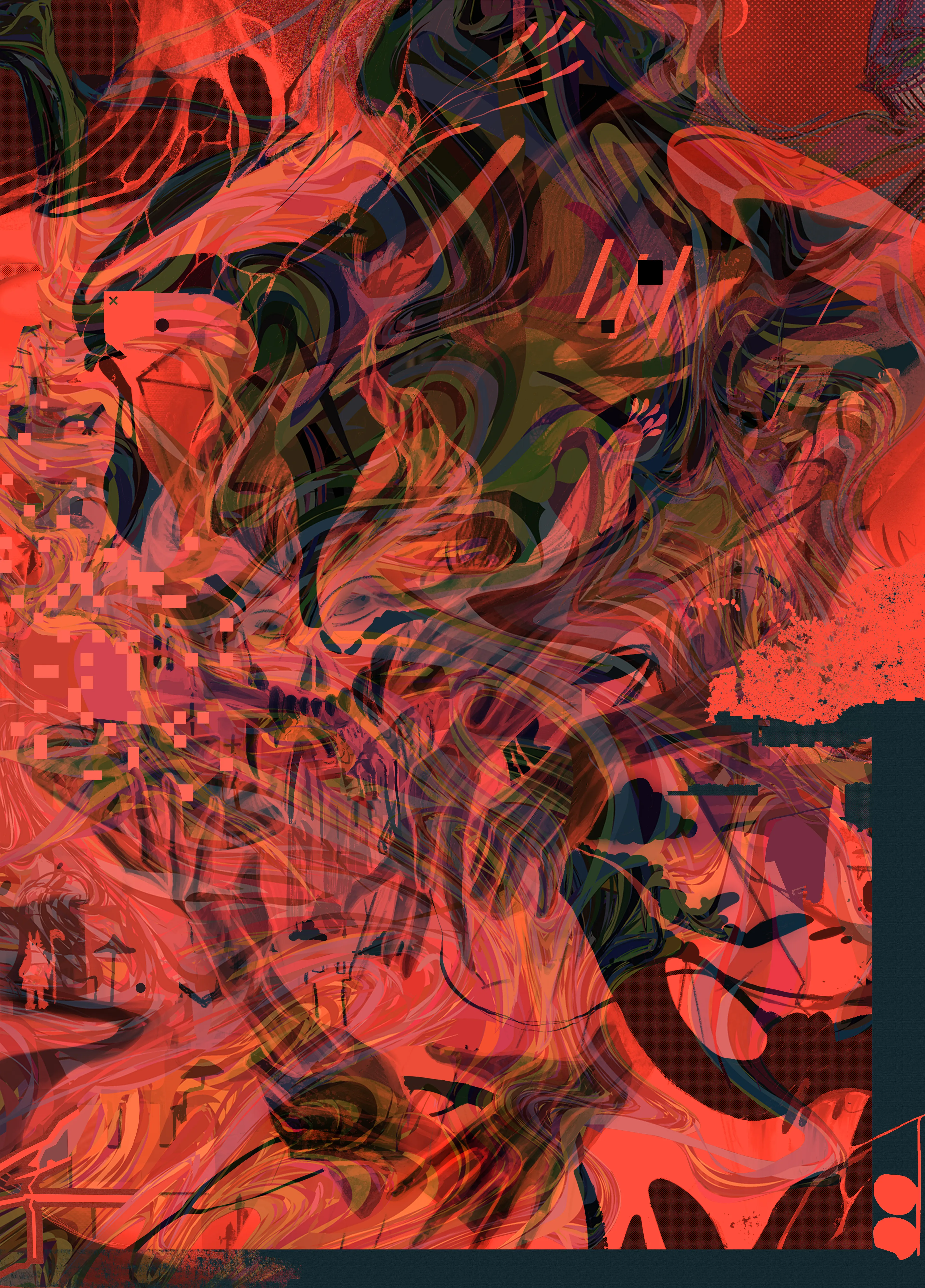 COLLAB COOKING guides viewers through a visual journey of consciousness and perception. The series begins with explosive abstractions featuring surreal figures in swirling colors, evoking primordial creation and subconscious depths. As it progresses, horned figures and skull-like forms emerge, blending abstract and figurative elements with a palette ranging from fiery oranges to cool blues.

A pivotal moment occurs when a classical architectural setting frames a vibrant abstract piece, juxtaposing tradition with avant-garde. This dialogue culminates in abstract elements bursting from the frame, symbolizing imagination's triumph over convention.

The series then shifts to more structured works reminiscent of action painting, suggesting a mind organizing its thoughts. It concludes with contrasting pieces: a return to vibrant abstraction and a serene twilight landscape, encapsulating the coexistence of chaos and calm.

Throughout, masterful use of color, form, and composition creates a coherent narrative despite diverse artistic voices. The collection challenges viewers to connect disparate styles, offering a rich exploration of the human psyche, creative process, and nature of reality.