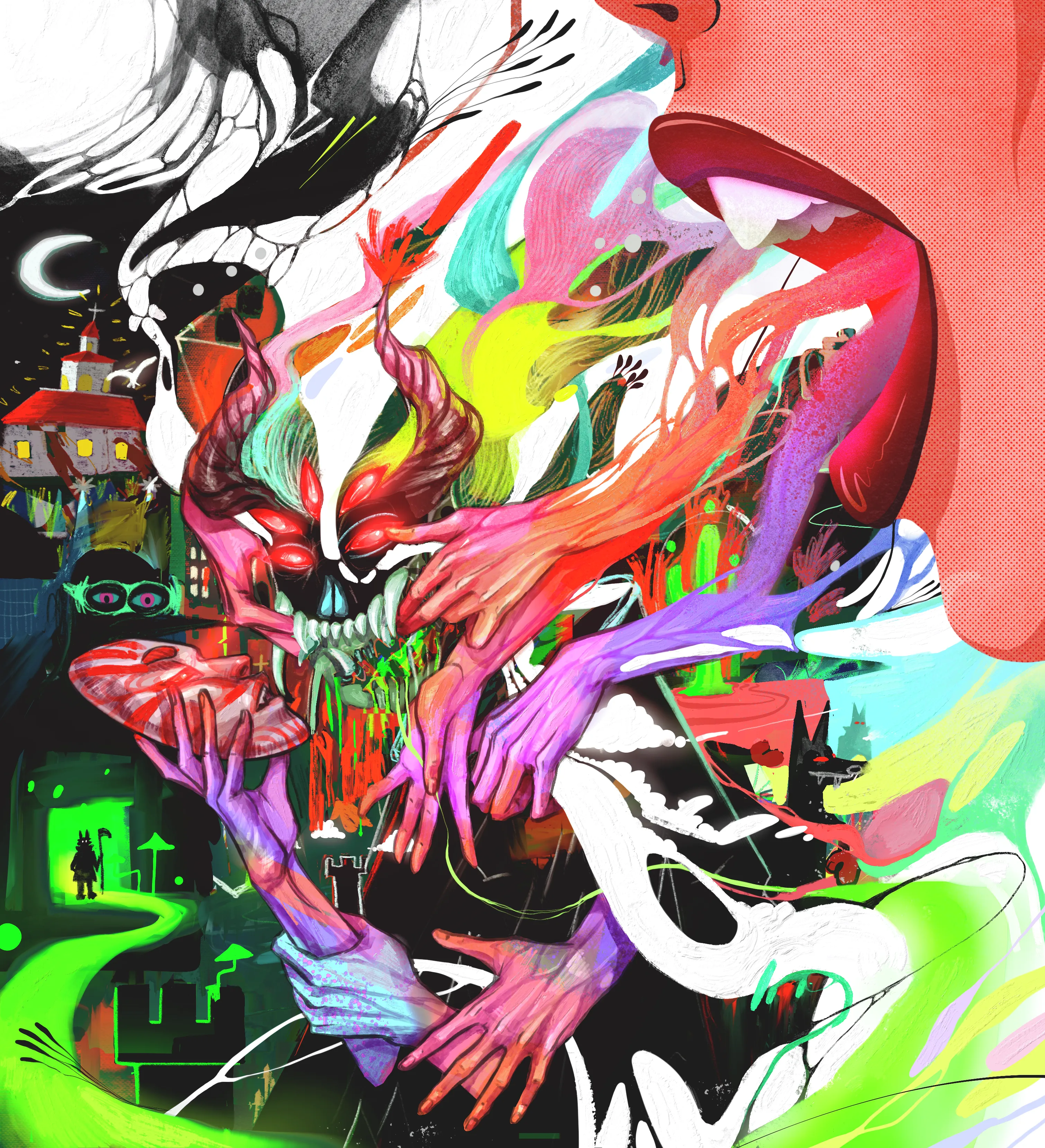 COLLAB COOKING guides viewers through a visual journey of consciousness and perception. The series begins with explosive abstractions featuring surreal figures in swirling colors, evoking primordial creation and subconscious depths. As it progresses, horned figures and skull-like forms emerge, blending abstract and figurative elements with a palette ranging from fiery oranges to cool blues.

A pivotal moment occurs when a classical architectural setting frames a vibrant abstract piece, juxtaposing tradition with avant-garde. This dialogue culminates in abstract elements bursting from the frame, symbolizing imagination's triumph over convention.

The series then shifts to more structured works reminiscent of action painting, suggesting a mind organizing its thoughts. It concludes with contrasting pieces: a return to vibrant abstraction and a serene twilight landscape, encapsulating the coexistence of chaos and calm.

Throughout, masterful use of color, form, and composition creates a coherent narrative despite diverse artistic voices. The collection challenges viewers to connect disparate styles, offering a rich exploration of the human psyche, creative process, and nature of reality.
