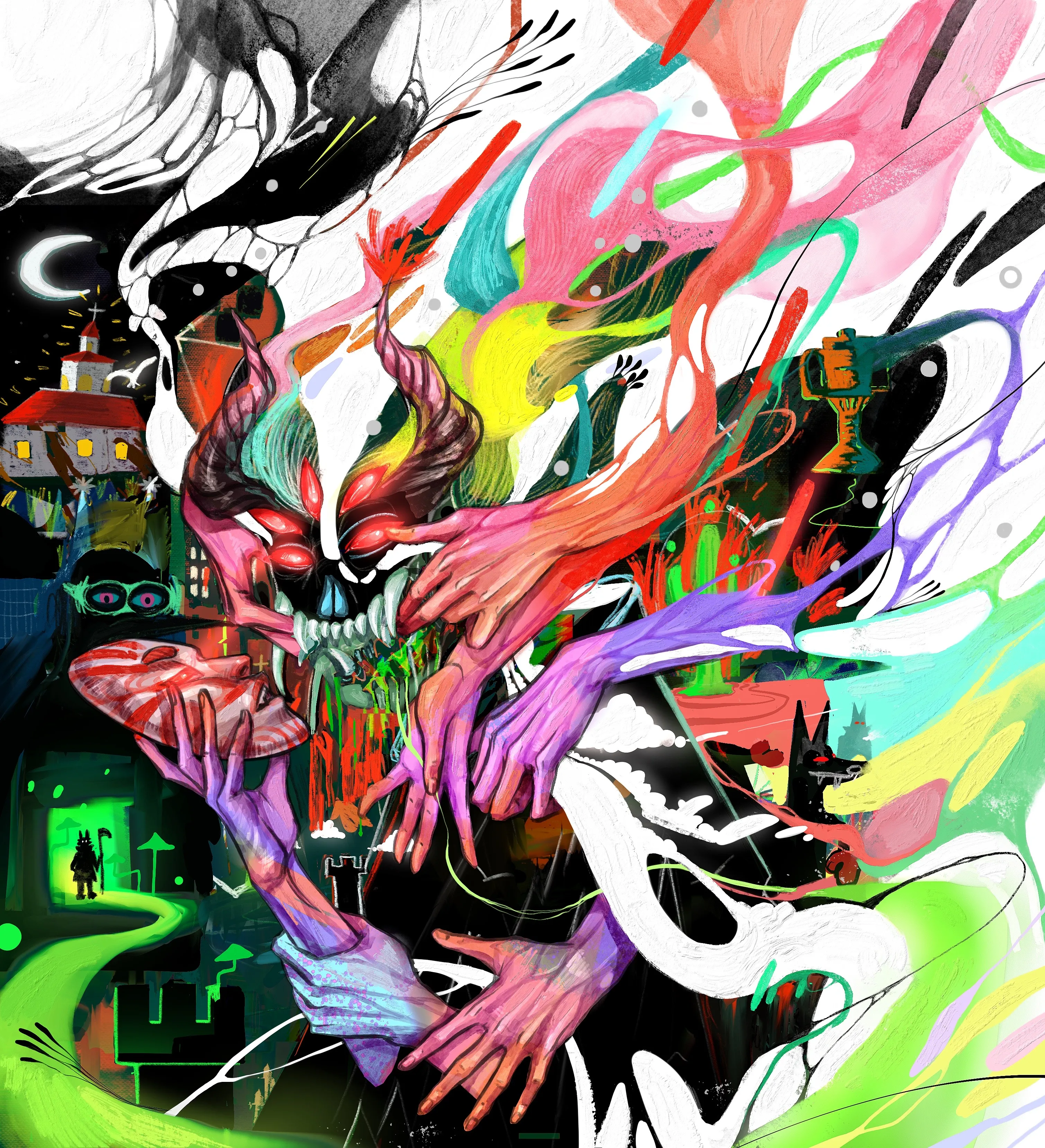 COLLAB COOKING guides viewers through a visual journey of consciousness and perception. The series begins with explosive abstractions featuring surreal figures in swirling colors, evoking primordial creation and subconscious depths. As it progresses, horned figures and skull-like forms emerge, blending abstract and figurative elements with a palette ranging from fiery oranges to cool blues.

A pivotal moment occurs when a classical architectural setting frames a vibrant abstract piece, juxtaposing tradition with avant-garde. This dialogue culminates in abstract elements bursting from the frame, symbolizing imagination's triumph over convention.

The series then shifts to more structured works reminiscent of action painting, suggesting a mind organizing its thoughts. It concludes with contrasting pieces: a return to vibrant abstraction and a serene twilight landscape, encapsulating the coexistence of chaos and calm.

Throughout, masterful use of color, form, and composition creates a coherent narrative despite diverse artistic voices. The collection challenges viewers to connect disparate styles, offering a rich exploration of the human psyche, creative process, and nature of reality.