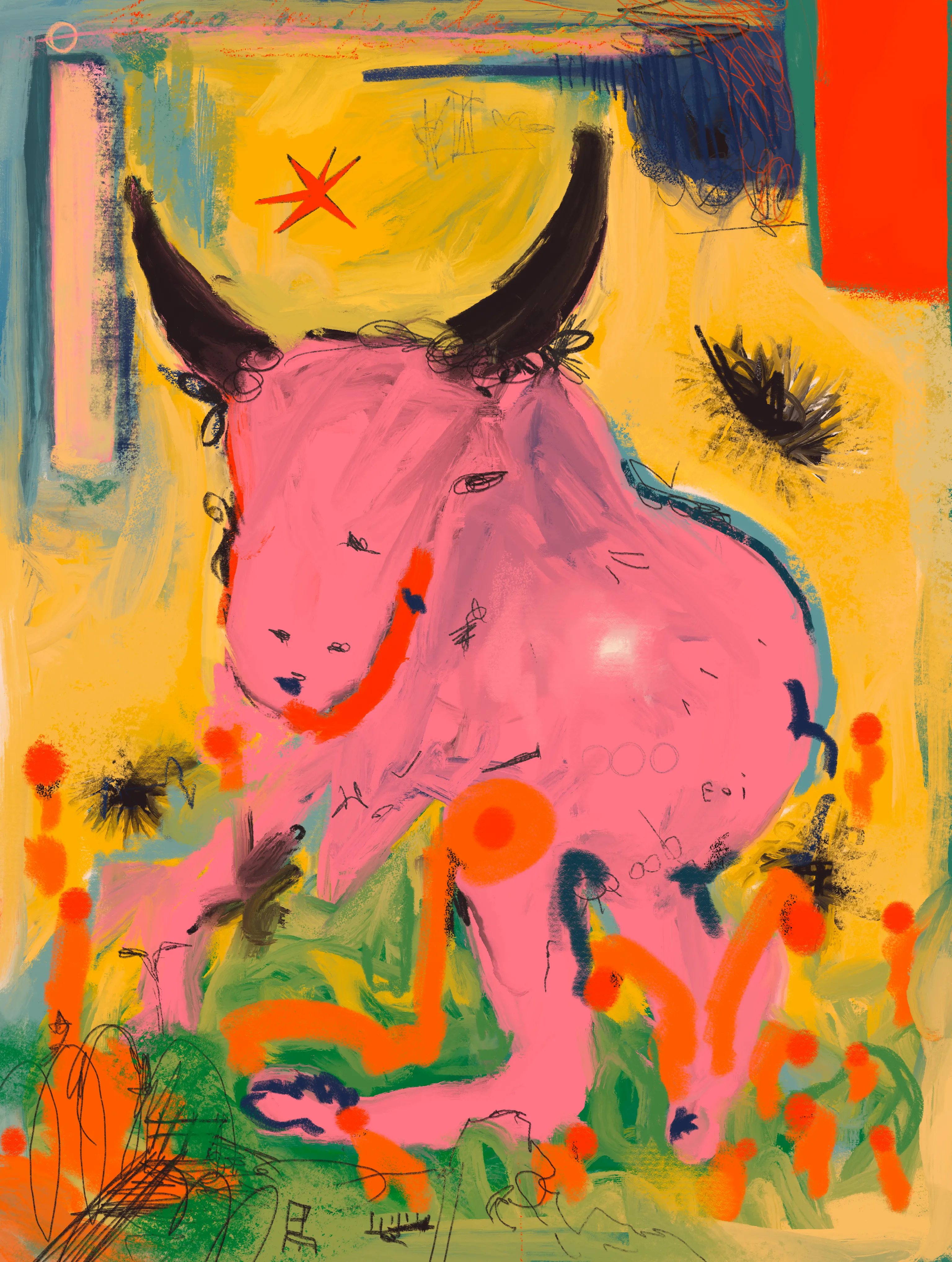 At the core of this masterpiece lies a magnificent pink bull that demands attention with its simultaneous power and delicacy. The choice of pink, often associated with tenderness and vulnerability, contrasts with the strength commonly attributed to bulls. This juxtaposition sets the stage for a captivating emotional narrative that unfolds throughout the artwork.

As we delve deeper into the artwork, a surge of passionate energy becomes apparent. The digital brushstrokes grow bolder and more vibrant, mirroring the intensity of the emotions portrayed. The pink hue undergoes a transformation, turning into a fiery and passionate shade that radiates warmth and fervor. The bull's presence dominates the canvas, exuding strength and determination. Its vibrant form acts as a catalyst, urging viewers to tap into their own passions and desires.

Digital Painting
3072x4072
José Narciso