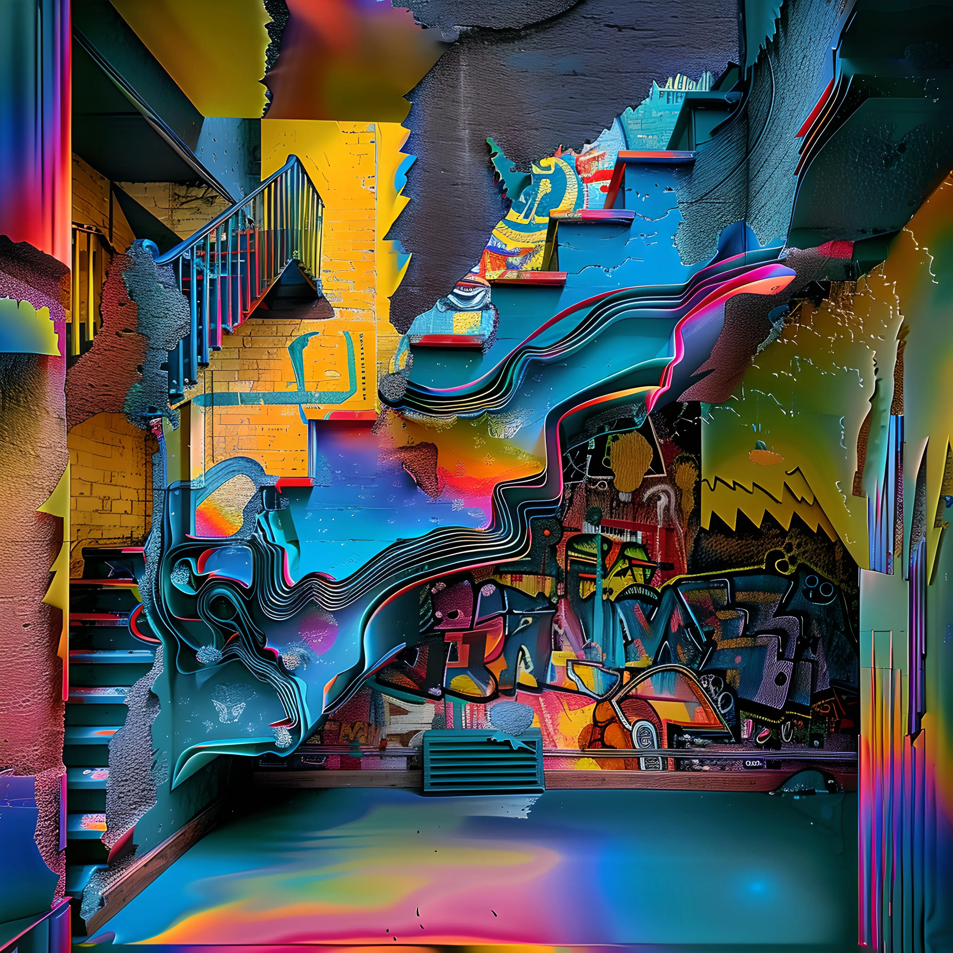 <p>"Repressed Genius" is a vivid exploration of creativity struggling beneath the surface, where brilliance is confined but relentlessly seeks expression. The piece is dominated by a series of staircases that wind through layers of vibrant graffiti and abstract forms, symbolizing the mind's untapped potential. The stairs—disjointed and fragmented—mirror the fractured nature of genius that is constrained or unrecognized, each level representing a different barrier or boundary the creative mind must navigate.</p><p><br></p><p>The graffiti-covered walls hint at the raw, unrefined brilliance that lies just beneath the surface, where artistic ideas swirl and merge into a chaotic yet beautiful composition. The bold use of colors—neon blues, yellows, and pinks—suggests the intensity of the repressed creativity, while the glitchy, wave-like distortions that sweep through the image evoke the frustration and energy of a mind confined by external limitations.</p><p><br></p><p>The vibrant interplay between shadowy spaces and bright, saturated hues represents the push and pull between the dormant genius and its desire to break free. The surreal, flowing lines that cut through the scene suggest ideas and innovations bubbling to the surface, struggling to emerge in a world not yet ready to recognize them. The stark contrast between the vibrant, energetic lower portion and the more restrained upper areas reflects the conflict between the potential within and the walls holding it back.</p><p><br></p><p>"Repressed Genius" invites viewers to consider the many forces—internal and external—that can limit creativity. It captures the tension between brilliance and the struggle to unleash it, offering a striking portrayal of the brilliance that lies hidden, waiting for the right moment to burst into the world.</p>
