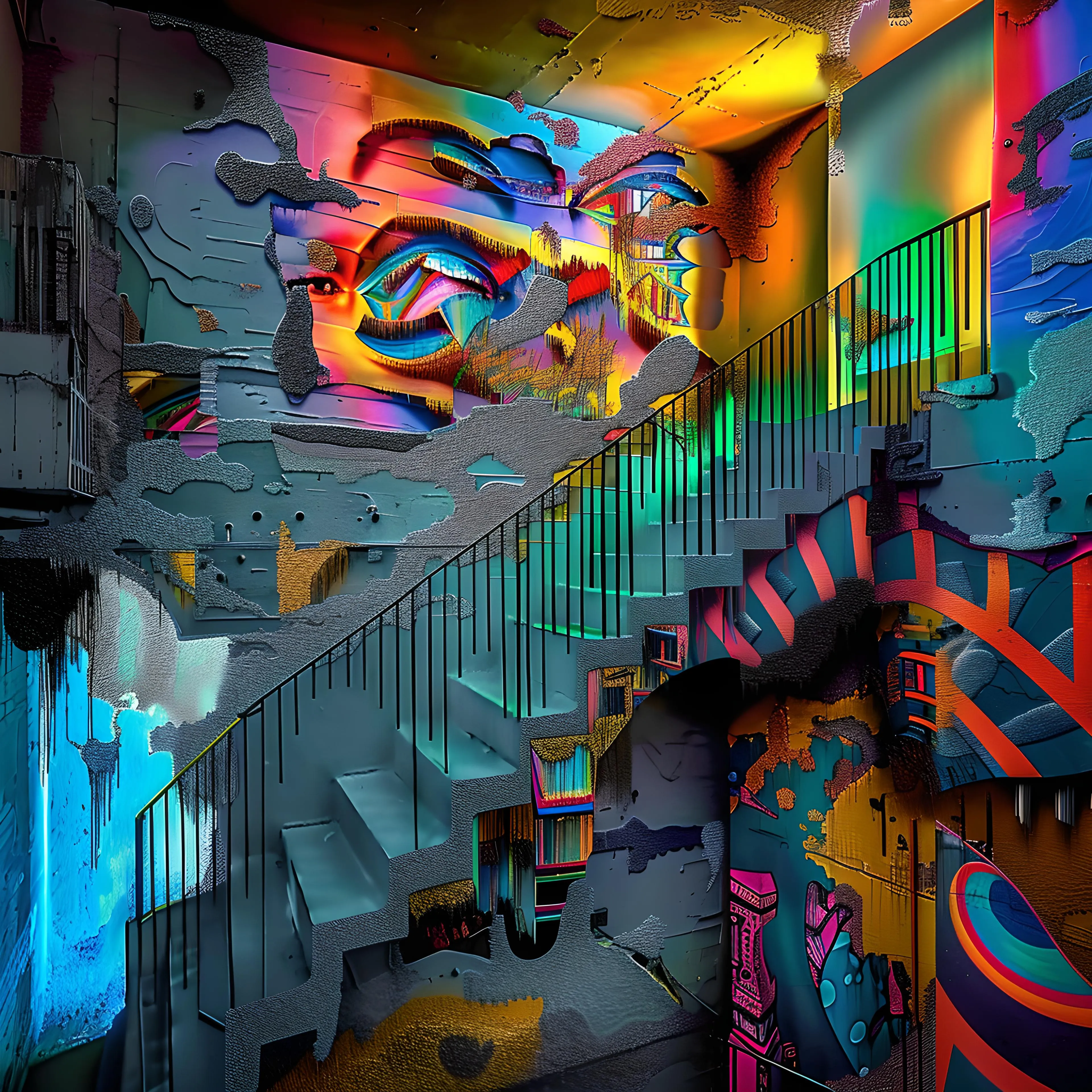 <p>"Clear Path" explores the contrast between perceived clarity and the complexities beneath the surface, symbolizing a journey toward understanding amidst layers of distraction. A vibrant staircase winds upward, bathed in the glow of neon lights and surreal colors, suggesting a path illuminated with intention.</p><p> </p><p>However, the surrounding environment—fragmented and textured—hints at the obstacles, doubts, and distortions that linger on the edges of clarity.</p><p><br></p><p>The prominent eye in the background serves as both a watchful presence and a metaphor for self-awareness, as if observing the path ahead. The glowing hues of orange, blue, and purple create a sense of otherworldliness, a dreamlike journey where certainty is never quite within reach. The cracked and peeling walls reflect the decay of past experiences, but the brightly lit stairs remain unyielding, representing determination and progress.</p><p><br></p><p>The juxtaposition of smooth, polished steps against the rough, broken textures suggests that while the path may seem clear, it is not without its challenges. The abstract forms and colorful distortions scattered throughout the image evoke feelings of disorientation, yet the eye remains fixed on the goal—a reminder that clarity is often a matter of perspective.</p><p><br></p><p>"Clear Path" invites viewers to reflect on their personal journeys, acknowledging the imperfections and uncertainties along the way. The vivid colors and surreal atmosphere evoke a sense of optimism, where even in the face of chaos, a path forward can always be found, illuminated by the persistence of vision and determination.</p>