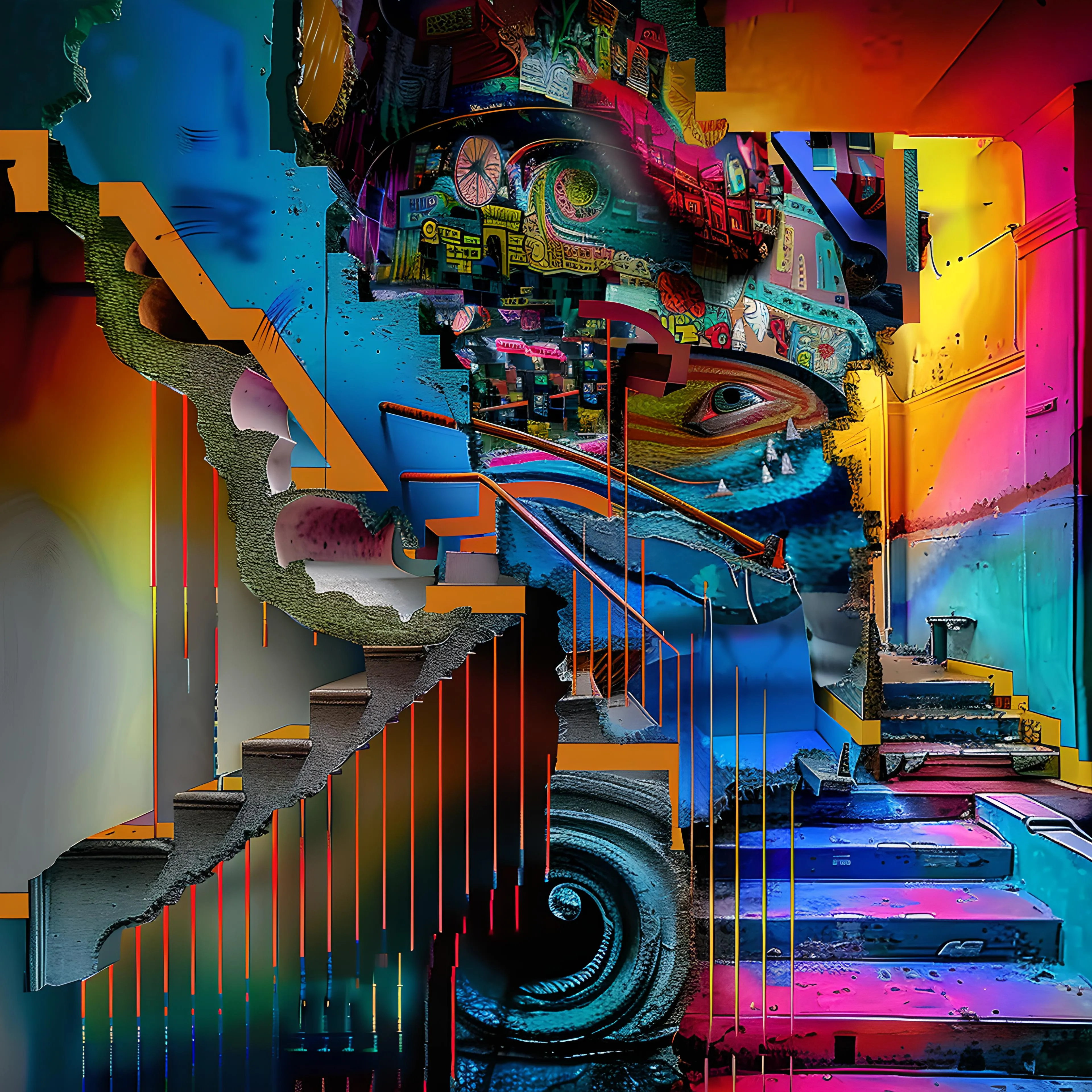 <p>"Unclear Paths" is a vivid exploration of the uncertainty and complexity of decision-making and life's unpredictable journey. The piece presents a surreal, layered staircase winding through fragmented planes of color, texture, and shape, with no clear destination in sight. The stairs are disjointed, broken, and disconnected, symbolizing the winding, often perplexing course of personal choices and the unknown future.</p><p><br></p><p>Vibrant neon colors—electric blues, deep purples, and radiant oranges—collide and blend, creating a sense of chaotic energy, while abstract cityscapes and swirling patterns overlay the composition. An eye, subtly embedded in the upper section of the piece, suggests an all-seeing perspective, hinting at the act of observing or navigating life's uncertainties from within. The staircases ascend and descend in impossible angles, further emphasizing the lack of clear direction or resolution.</p><p><br></p><p>The juxtaposition of structured elements like stairs and urban motifs with fluid, dreamlike shapes creates a tension between order and chaos, much like the paths we traverse in life. Each turn, step, and twist in this piece invites the viewer to question what lies ahead, reflecting the unpredictability of decisions and the unknown nature of outcomes.</p><p><br></p><p>"Unclear Paths" is a thought-provoking representation of life's complexity, where every step feels simultaneously purposeful and ambiguous, resonating with the inherent uncertainty of progress and the endless possibilities that await in the labyrinth of existence.</p>