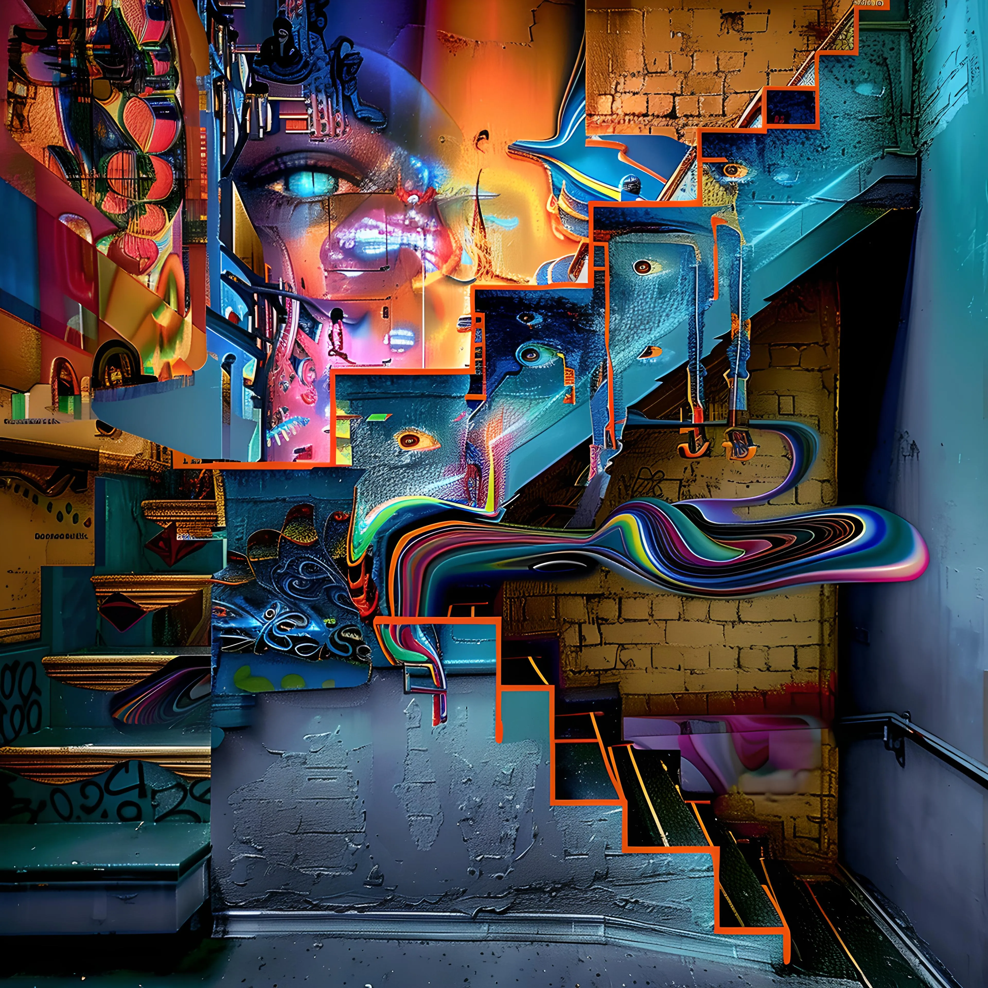 <p>"Abated Sadness" captures the complex emotion of sadness softened over time, where sorrow lingers but has been gradually transformed. The piece centers around a fractured staircase, winding its way through a kaleidoscope of colors and abstract forms. The stairs, rendered in bold neon outlines and interwoven with glitch-like patterns, symbolize the journey out of despair, each step representing a moment of progression away from the depths of sadness.</p><p><br></p><p>At the heart of the composition, an ethereal, glowing face peers through the layers, its serene expression a reflection of a sadness that has been tamed but not entirely erased. The juxtaposition of bright, electric hues—vibrant oranges, blues, and purples—against shadowed, muted backgrounds creates a visual tension between sorrow and healing. The fluid, rainbow-like waves sweeping across the center embody the slow process of emotional release, the moment when sadness begins to dissolve into something more abstract and manageable.</p><p><br></p><p>The walls, marked with graffiti and textures, suggest the lingering scars left by the sadness, a reminder of what has been endured. Yet, the swirling forms and bursts of color indicate a sense of hope, of emotions in motion, evolving rather than stagnating.</p><p><br></p><p>"Abated Sadness" is a visual meditation on the complexity of human emotion, where sadness can coexist with moments of light and color. The piece invites viewers to reflect on their own emotional journeys, exploring the process of coming to terms with sorrow while acknowledging the possibility of beauty emerging from within it.</p>