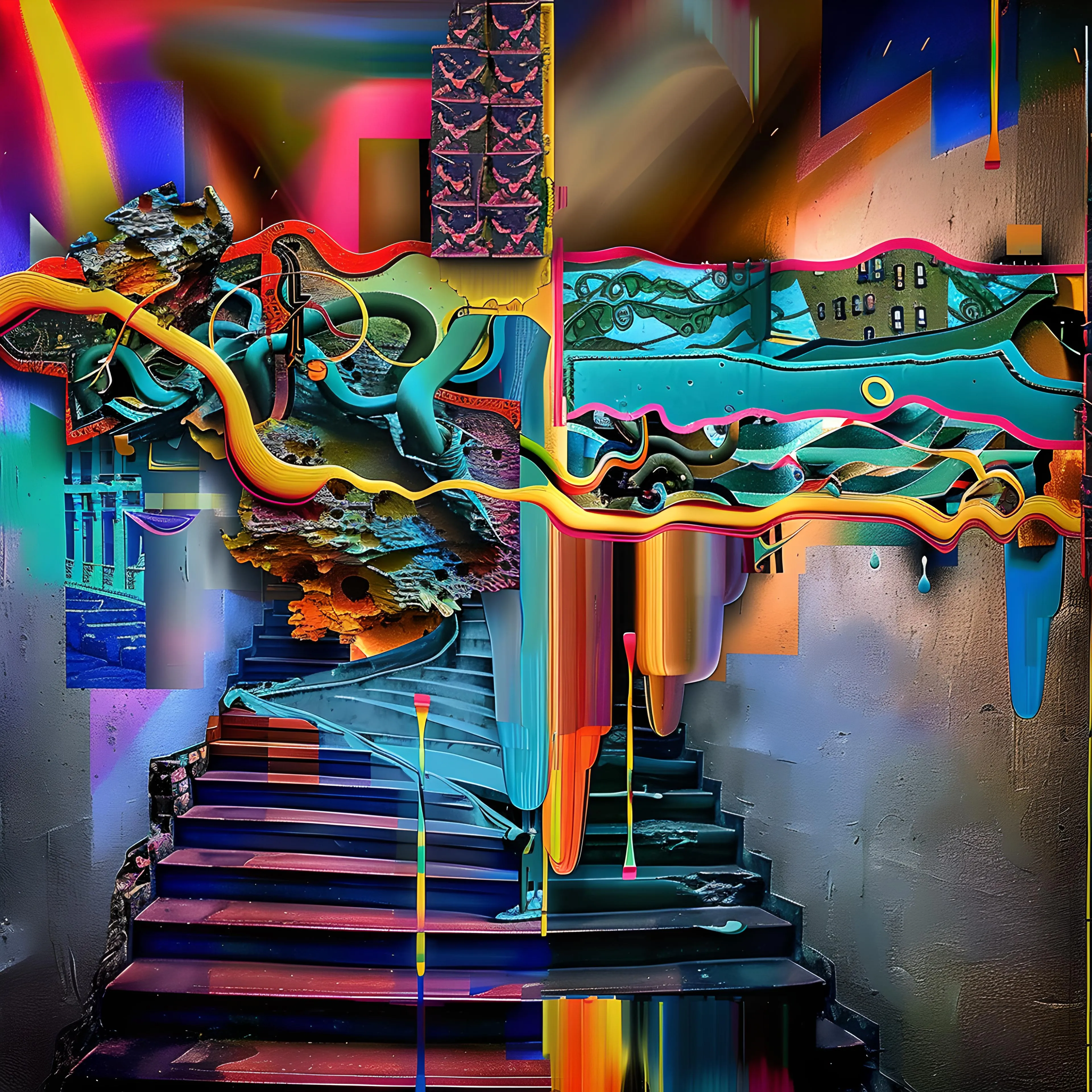 <p>"Choice of Two Paths" delves into the complexity of decision-making, representing the divergent directions life can take when standing at a crossroads. The composition is dominated by two staircases, each leading into fragmented, vibrant worlds filled with swirling textures and abstract forms. One path appears more orderly and structured, while the other dissolves into chaos, marked by bold splashes of color, dripping forms, and surreal, organic shapes that seem to pulsate with energy.</p><p><br></p><p>The central wave of vibrant yellow and red cutting through the piece acts as a visual divider between the two options, both vibrant and chaotic, illustrating the tension between choices. Each path is littered with symbols of unpredictability—crumbling textures, dripping paint, and distorted figures—reminding viewers that neither choice is entirely clear or without consequence.</p><p><br></p><p>The interplay of colors, from the rich blues and purples to the electric yellows and oranges, suggests the emotional intensity that accompanies pivotal decisions. The visual chaos on one side contrasts with the serene yet uncertain landscape on the other, reflecting how choices can evoke feelings of excitement, fear, or calm.</p><p><br></p><p>"Choice of Two Paths" invites viewers to reflect on the decisions they face in their own lives. It explores how the future is shaped by the paths we choose, offering a visual metaphor for the inherent uncertainty of every step forward. Each path, though different, promises its own set of challenges and rewards, reminding us that every choice is an opportunity to explore new possibilities.</p><p><br></p><p>P.S. (Maybe) take the path less traveled.</p>