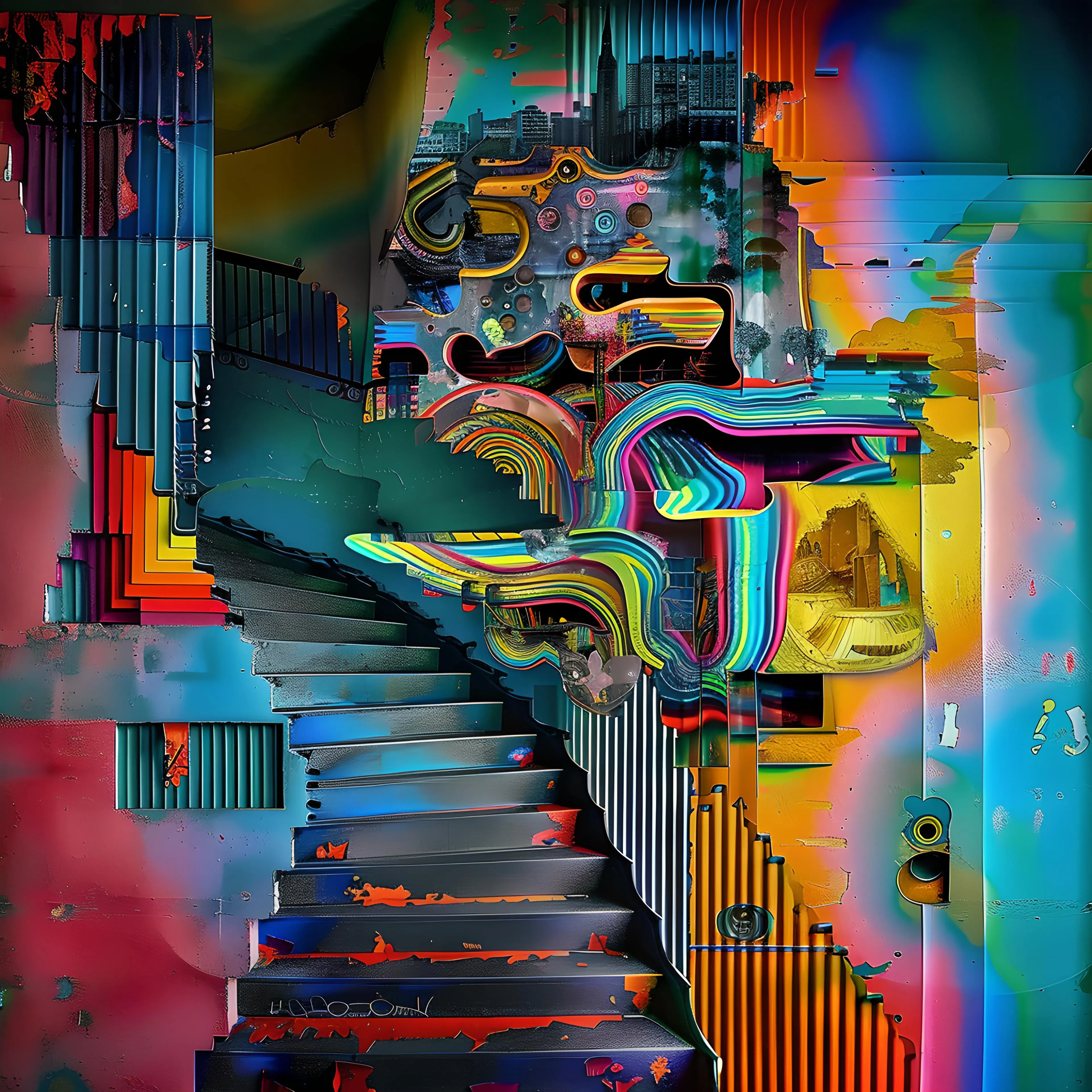 <p>"Corrugated Safety" captures the paradox of feeling secure in environments defined by their own instability and fragmentation. The piece centers on a winding staircase, where each step seems to lead into a vibrant yet unpredictable world of color and abstraction. Bright streaks of rainbow hues—sharp reds, neon greens, electric blues, and yellows—spill across the scene, cutting through the more muted, industrial textures that line the walls.</p><p><br></p><p>The corrugated patterns layered across the composition evoke the protective yet rigid nature of manufactured materials, suggesting a sense of safety that is artificial or temporary. These rippling metal-like textures symbolize the structures we rely on to feel secure, while the swirling, distorted forms represent the chaos and unpredictability of the world beyond.</p><p><br></p><p>The staircase itself, slick and worn, appears both inviting and treacherous—leading upwards toward a space filled with swirling shapes and abstract cityscapes. The presence of urban motifs in the background, juxtaposed with the surreal, fluid forms, creates a tension between the man-made and the organic. The fluid rainbow shapes evoke a sense of movement and transformation, while the corrugated elements ground the composition, providing a sense of solidity amidst the colorful flux.</p><p><br></p><p>In this visually layered world, the concept of "safety" is questioned. The industrial elements provide a false sense of stability, while the vibrant colors suggest that true safety might lie in embracing change, fluidity, and the unknown. "Corrugated Safety" encourages viewers to reflect on the boundaries between order and chaos, protection and risk, and how we construct environments to shield ourselves from the unpredictability of life.</p><p><br></p><p>Through its combination of industrial textures and vivid, surreal elements, the piece highlights the tension between security and the ever-present pull of transformation, inviting us to find comfort in the colorful and unpredictable journey.</p>