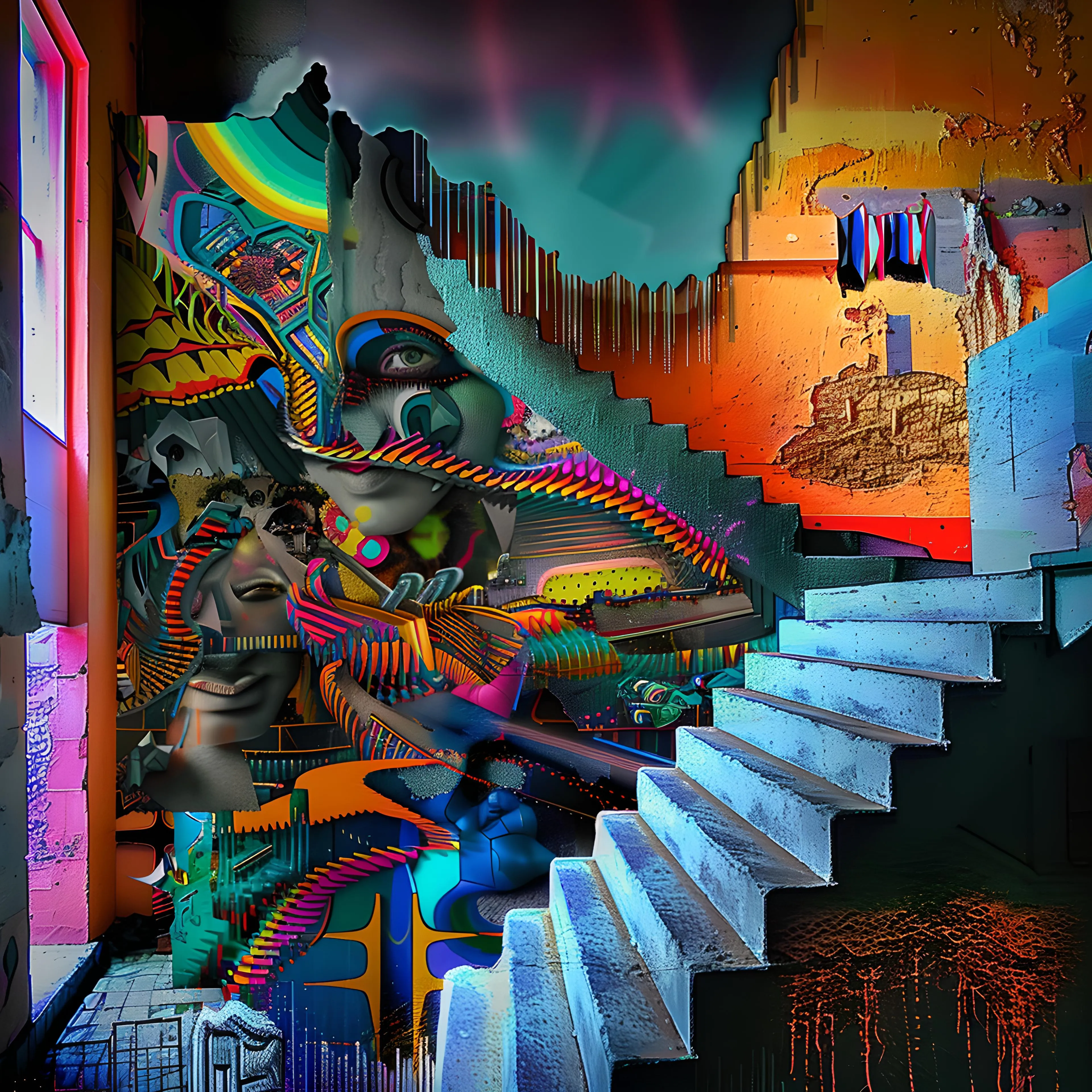 <p>"Ascending Judgement" offers a powerful exploration of inner conflict, perception, and transformation, set within a surreal, multi-layered landscape. The piece portrays a winding, fragmented staircase leading upwards, symbolizing an arduous journey of self-evaluation and awakening. Dominating the composition are abstracted faces and eyes, hidden in the complex layers of vibrant neon colors and intricate, swirling patterns, which represent the gaze of judgement—both internal and external—looming over the ascent.</p><p><br></p><p>The juxtaposition of cool blues with warm oranges and fiery reds creates a sense of tension, as though the viewer is caught between opposing forces. The stairs, broken and jagged, echo the uneven path of self-discovery, while the intricate details of the abstract faces signify the complexity of identity and the harshness of self-scrutiny. The bold, graphic lines and distortions in the image evoke a feeling of being pulled apart and reconstructed, suggesting the transformative power of judgement.</p><p><br></p><p>At the top of the stairs, there is no clear resolution, only a continuation of abstract forms, offering a commentary on how the climb towards understanding and acceptance is ongoing and never truly complete. "Ascending Judgement" invites viewers to reflect on their own journey of introspection and the weight of perception that shapes their path.</p><p><br></p><p>This visually complex piece speaks to the tension between progress and doubt, self-critique and enlightenment, encapsulated in a vibrant, distorted environment that feels at once overwhelming and enlightening.</p>