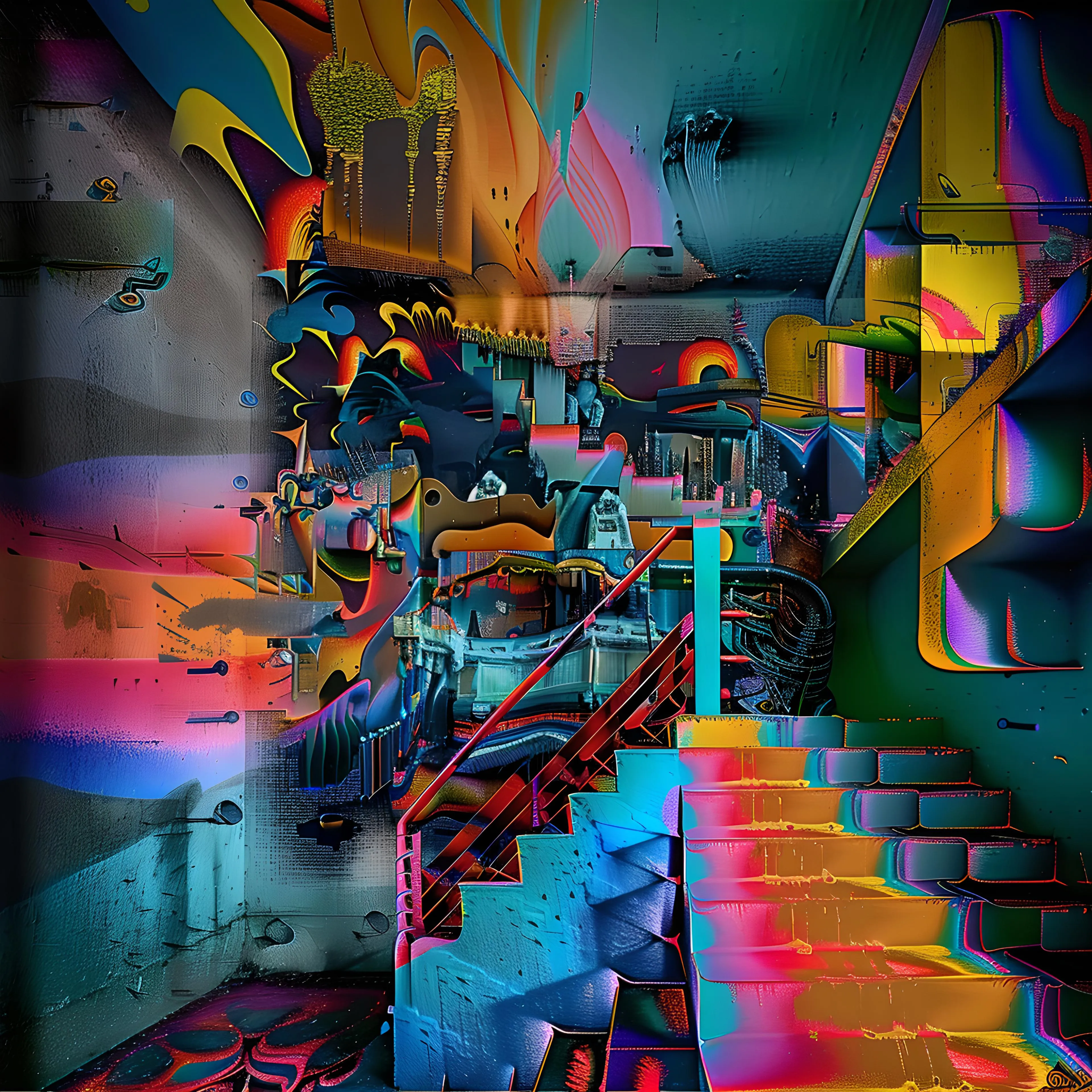 <p>"Chaos in Aqua Blue" is a vibrant, energetic exploration of the interplay between order and disorder, using bold colors and abstract forms to create a sense of dynamic tension. The composition is dominated by cascading staircases that seem to lead both upward and downward, symbolic of life's chaotic, unpredictable journey. The staircases melt into a swirling backdrop of deep blues, fiery oranges, and neon accents, reflecting a sense of turmoil amidst beauty.</p><p><br></p><p>The cool blue tones anchor the piece, invoking feelings of melancholy or introspection, while the chaotic arrangement of shapes and colors suggests disruption, confusion, and the unpredictability of existence. Abstract figures and distorted shapes emerge from the background, blending seamlessly with the environment, as if caught in the flow of chaos itself. Graffiti-like patterns and glitchy distortions add a modern, urban edge, hinting at the interplay between structure and spontaneity.</p><p><br></p><p>The fluidity of the colors—ranging from warm yellows and reds to deep purples and blues—creates a surreal dreamscape where nothing is fixed or certain. The eye is drawn to the illuminated staircases, which are brightly colored yet disjointed, suggesting the difficulty of finding clear direction amidst the chaos.</p><p><br></p><p>"Chaos in Aqua Blue" invites viewers to embrace the uncertainties of life, where the struggle for balance and clarity is ongoing. The vibrant mix of hues and abstract forms reflects the emotional highs and lows experienced during times of upheaval, evoking a visceral response to the beauty and madness that coexist in the world around us.</p>