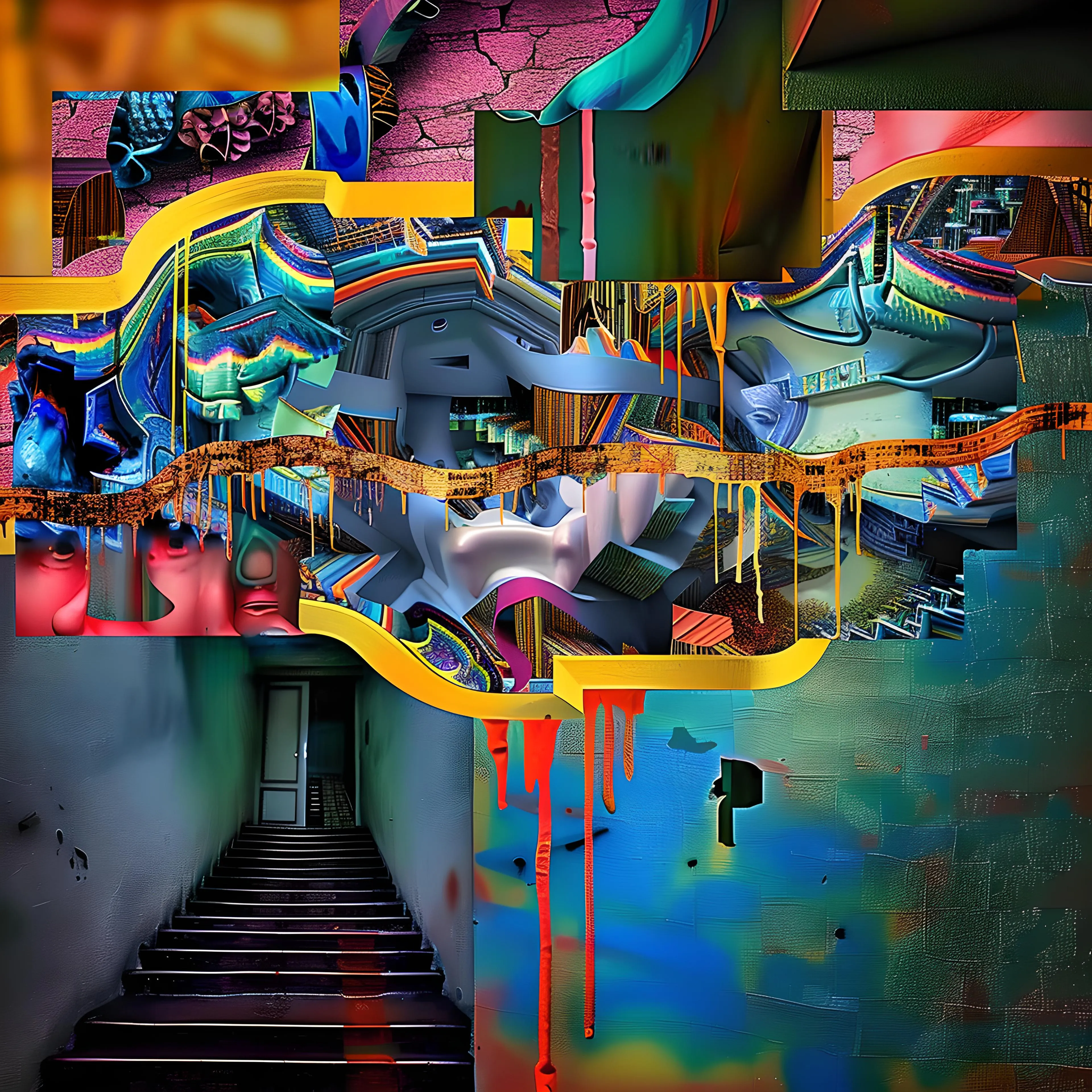 <p>"Broken Memory Drip" explores the fragility of recollection, presenting a world where memories fragment, distort, and dissolve into abstract forms. The piece features a surreal architectural setting disrupted by vivid color drips and fractured surfaces, visually mimicking the way memories can shift and break apart over time. A central crack runs horizontally through the composition, symbolizing the split between coherent thought and fading recollections.</p><p><br></p><p>Bold streaks of yellow and orange drip down, resembling liquid memories bleeding into a chaotic blend of teal, purple, and blue hues. Above the crack, twisted, dreamlike structures evoke distorted memories of once-familiar places, now seen through a filter of surreal abstraction. Below, a dark, mysterious staircase leads into an unknown space, inviting viewers to consider the depth and ambiguity of forgotten moments.</p><p><br></p><p>The vibrant, melting forms and fragmented perspectives reflect the disorienting nature of memory, where time, place, and experience blur together. The textures, from smooth walls to rough, pixelated edges, represent the contrasts between clarity and erosion within our minds. "Broken Memory Drip" is a visceral, visual metaphor for the fleeting, fluid nature of memory, offering an immersive journey into the subconscious as it decays and reforms in unpredictable ways.</p>