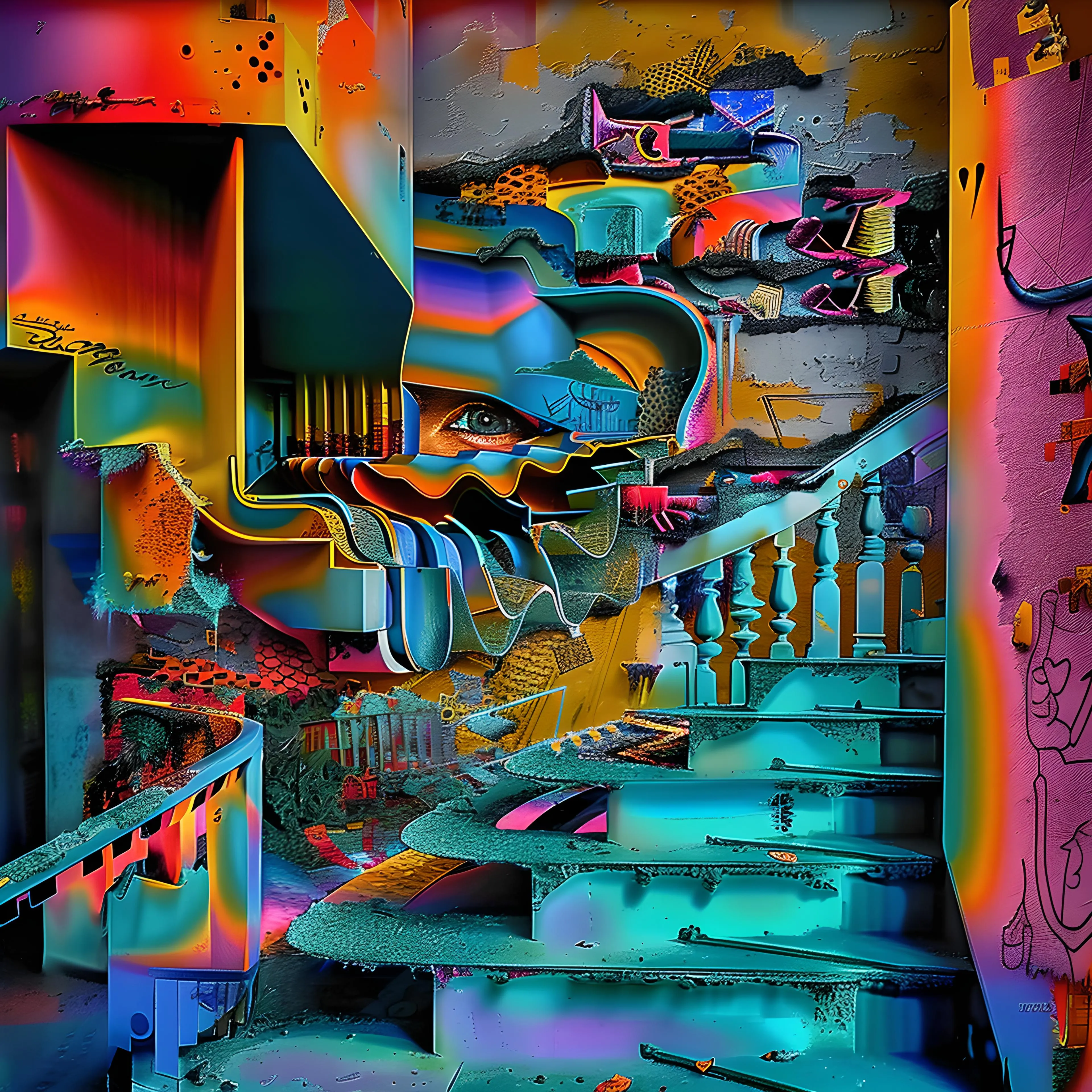 <p>"Tread Lightly" is a surreal exploration of fragility, caution, and the delicate balance between risk and reward. The piece presents a winding staircase, fractured and incomplete, where each step appears worn, uneven, and broken—reflecting the uncertainty that comes with every choice made in precarious situations. Vibrant colors, ranging from neon blues and purples to fiery oranges, flow across the scene, creating a dreamlike atmosphere that feels both mesmerizing and disorienting.</p><p><br></p><p>At the heart of the composition is a watchful eye, peering through abstract forms, its gaze sharp and aware. This eye symbolizes the awareness needed when navigating fragile moments, watching every step with caution. The flowing, ribbon-like patterns that cascade through the piece suggest the fluidity of decisions and the consequences that ripple outward from every action, while the fragmented textures hint at the danger of missteps.</p><p><br></p><p>The soft, glowing gradients add an element of surreal beauty to the scene, yet the jagged, broken edges remind viewers that the path is not without risk. The balustrades of the staircase seem to dissolve into the surrounding environment, merging structure with chaos, further emphasizing the idea of navigating an unstable world. Graffiti and abstract forms on the walls add an urban, raw edge, suggesting that the context for these decisions is both personal and external.</p><p><br></p><p>"Tread Lightly" invites viewers to consider the moments in life where precision and care are needed most. The vivid, contrasting colors and surreal textures illustrate the tension between beauty and fragility, reminding us that even in the most vibrant moments, there is always an element of uncertainty and risk. This piece evokes a sense of cautious optimism, where every step forward is filled with potential but demands thoughtfulness and awareness.</p>