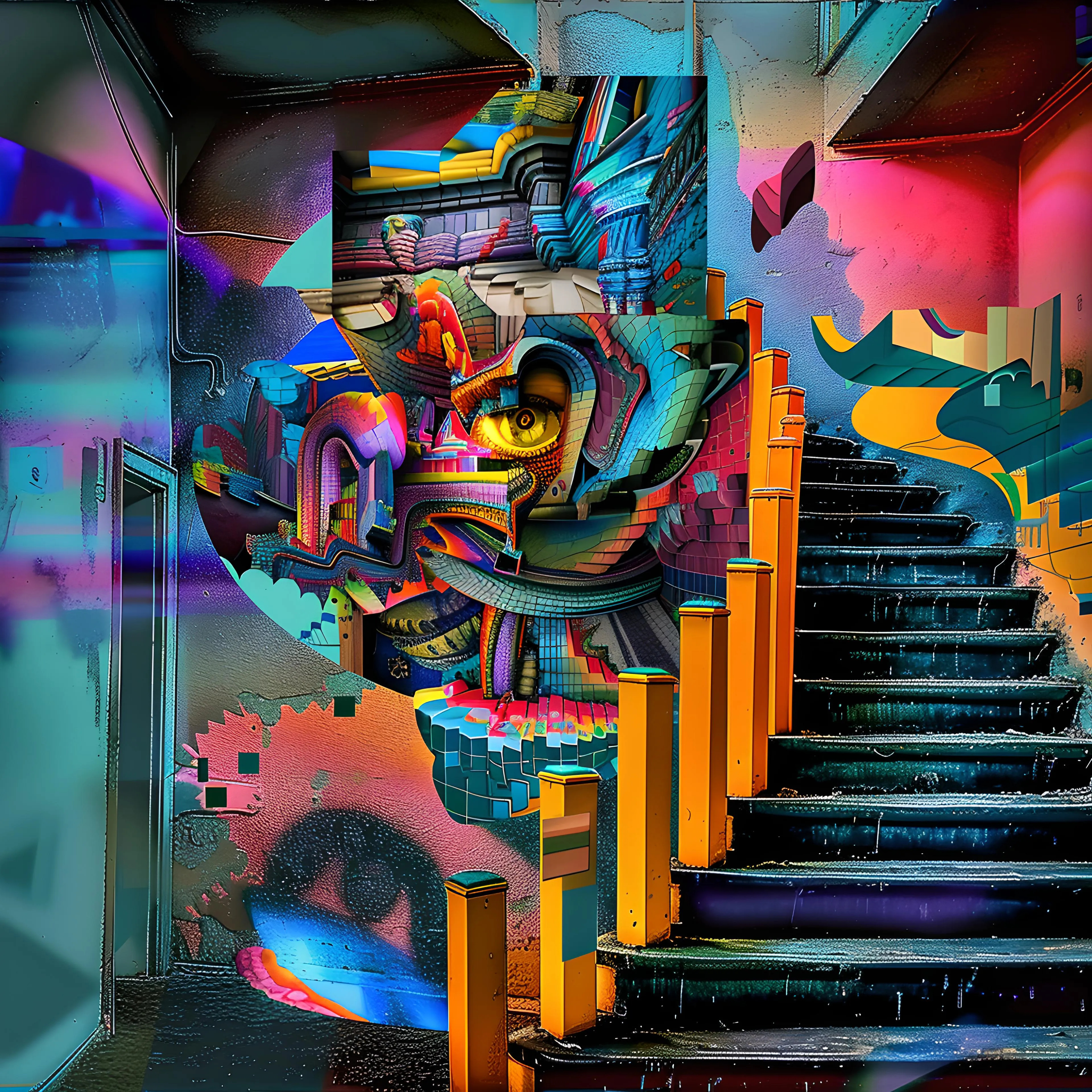 <p>"Drip wif Pixel Bear" is an eccentric fusion of digital surrealism and urban grit, where the vibrancy of street art meets the glitchy, pixelated textures of the digital world. The centerpiece of the composition is a towering staircase, slick with dark, almost liquid drips, leading upwards into a fragmented, abstract landscape. The staircase is flanked by geometric structures and vibrant colors, suggesting a journey through both physical and digital realms.</p><p><br></p><p>In the heart of the piece, a pixelated, bear-like figure emerges from the chaos—part mythic, part cartoonish—its golden, all-seeing eye piercing through the layers of surreal forms. This "Pixel Bear" seems to represent a playful yet powerful guardian of this chaotic dreamscape, blending organic and synthetic textures. The bear’s face, composed of vibrant tiles, swirls with neon hues, creating a visually arresting mix of textures that mirror the digital and the real.</p><p><br></p><p>Drips of color cascade down the staircase, further merging the line between solid and liquid, reality and illusion. The vibrant yellows, pinks, and blues stand in stark contrast to the darker, more muted tones of the urban setting, creating an electric tension between light and shadow, chaos and control.</p><p>The abstract surroundings are filled with visual references to urban environments—graffiti, distorted buildings, and glitchy distortions—that suggest a world in flux. The digital nature of the "Pixel Bear" hints at a contemporary reflection on how technology shapes and distorts our perception of reality, while the drips evoke the idea of melting boundaries, where the real and virtual blend together seamlessly.</p><p><br></p><p>"Drip wif Pixel Bear" challenges viewers to navigate this layered reality, where playful absurdity meets the fractured nature of modern experience. It invites contemplation on how the virtual and physical worlds collide, producing something both awe-inspiring and unsettling in its colorful complexity.</p>