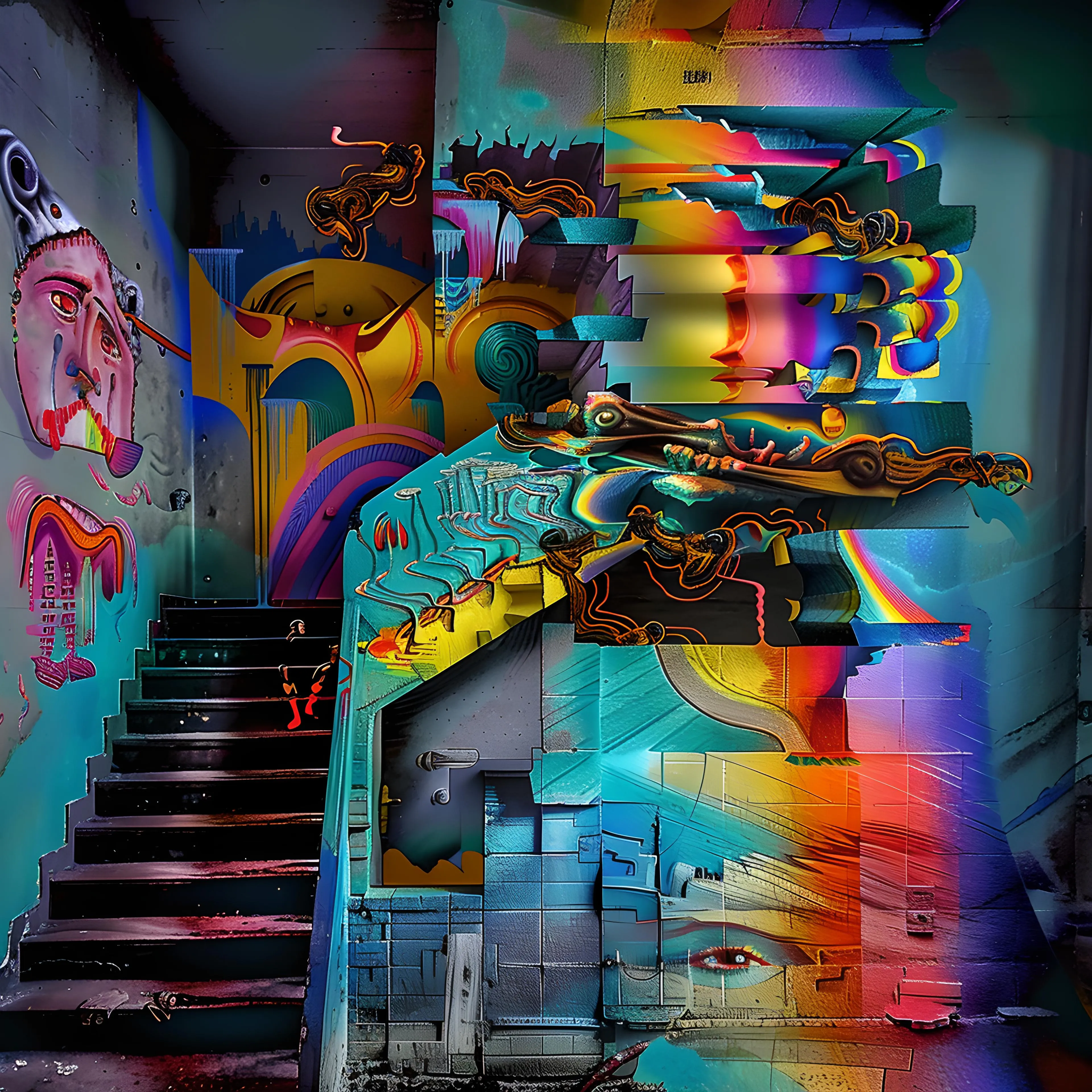 <p>"Abandoned Others" evokes a sense of forgotten and fragmented identities, set against the backdrop of a surreal, dreamlike urban environment. The staircase at the center leads both upwards and into the unknown, its steps lined with streaks of dark color and distorted shapes, reflecting the journey through an abandoned space filled with memories and echoes of those who once inhabited it.</p><p><br></p><p>The left side of the composition features a face, painted in bold colors and dripping with emotion, its expression tinged with melancholy and detachment. This figure represents the "Others"—those who have been left behind, their stories incomplete and their presence reduced to graffiti-like marks on the walls. The face seems to peer out, watching the viewer ascend the steps into a space layered with abstraction, bright colors, and chaotic energy.</p><p><br></p><p>To the right, surreal and mechanical shapes twist and flow across the walls, symbolizing the disconnection between human experiences and the modern, ever-evolving world. The splashes of vibrant yellows, blues, and reds contrast sharply with the darker tones, creating a visual tension that underscores the contrast between abandonment and vibrant life. These colors melt into each other, forming a fragmented reality where the lines between personal history and urban decay blur.</p><p><br></p><p>At the base of the stairs, abstract patterns and distorted forms create a sense of unresolved tension, as if the memories and experiences of the "Others" are being dissolved into the chaotic mix of the present. The swirling forms suggest movement and change, but the disconnected faces and symbols remind viewers of the loss and absence that accompany progress.</p><p><br></p><p>"Abandoned Others" speaks to the forgotten narratives that linger in our environments, the traces of people and stories that once were, but now only exist as faint memories within the vibrant chaos of modern life. The piece invites viewers to reflect on the tension between movement and stillness, between being remembered and forgotten.</p>