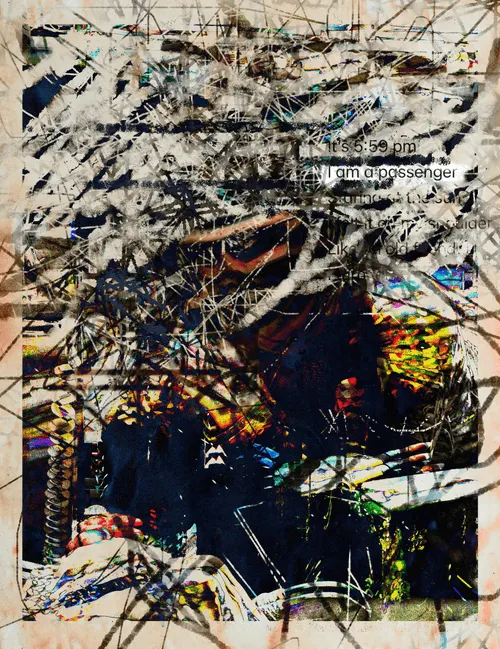 It's 5:59 pm  
I am a passenger  
Staring at the sun.  
I felt it on my shoulder  
Like an old friend tapping me  
I turn, and catch a glimpse 
in the reflection 
for a second 
I think of you 
and wonder where you are..,,.