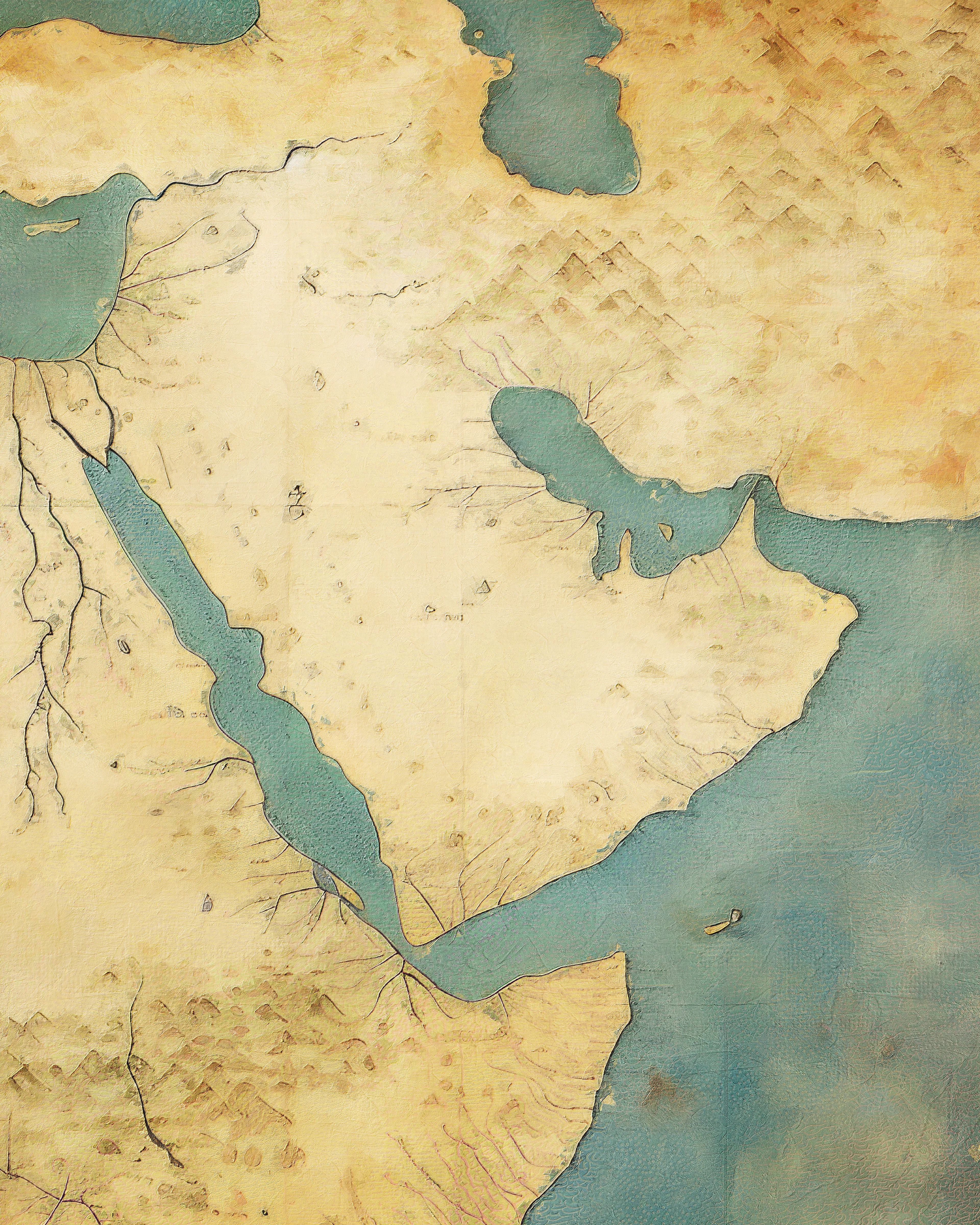 A closeup renaissance map of the Arabian Peninsula.
DVK the artist, 2023

I employed this upscaling method that I developed, utilizing both AI and GAN to breathe new life into the artwork. After the upscaling process, I dedicated numerous hours to meticulously hand-paint intricate details myself.
