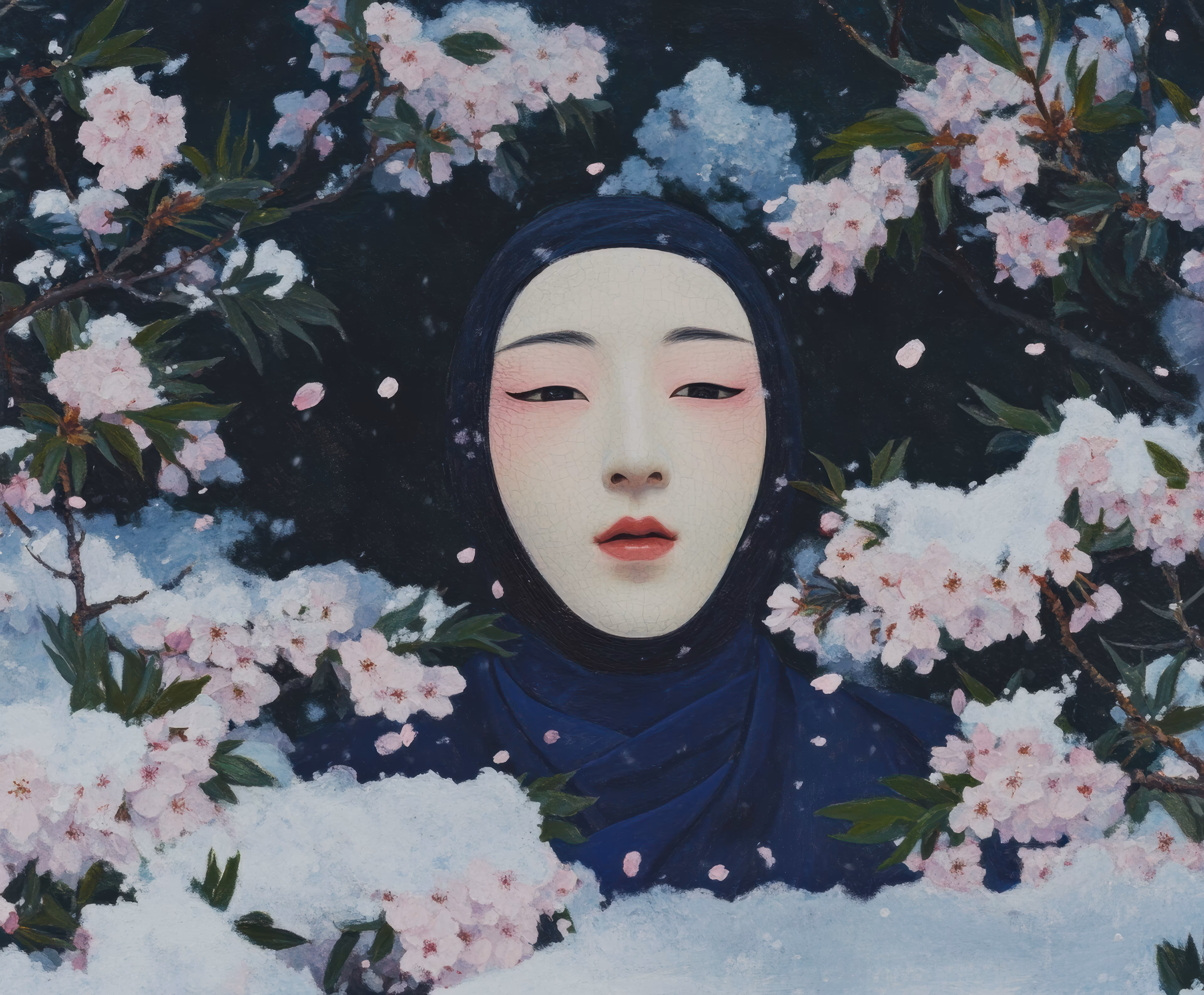 Prompt: Ancient Noh mask figure standing in deep snow, face partially dissolved into static and noise, surrounded by dead cherry blossoms.
Creative Process: Beneath the cherry blossoms, we found a portal where traditional beauty collides with contemporary isolation. the mask-like features emerged from memories of watching noh theater in kyoto, where performers moved like spirits through incense smoke. but this time, i wanted to capture that liminal space between belonging and otherness - the way petals fall around a figure who seems both present and absent, real and surreal. the deep blue hijab became a modern interpretation of the ancient veils worn in kabuki, creating a bridge between centuries of concealment and revelation. the pale makeup wasn't just aesthetic - it was armor against the weight of being seen and unseen simultaneously..