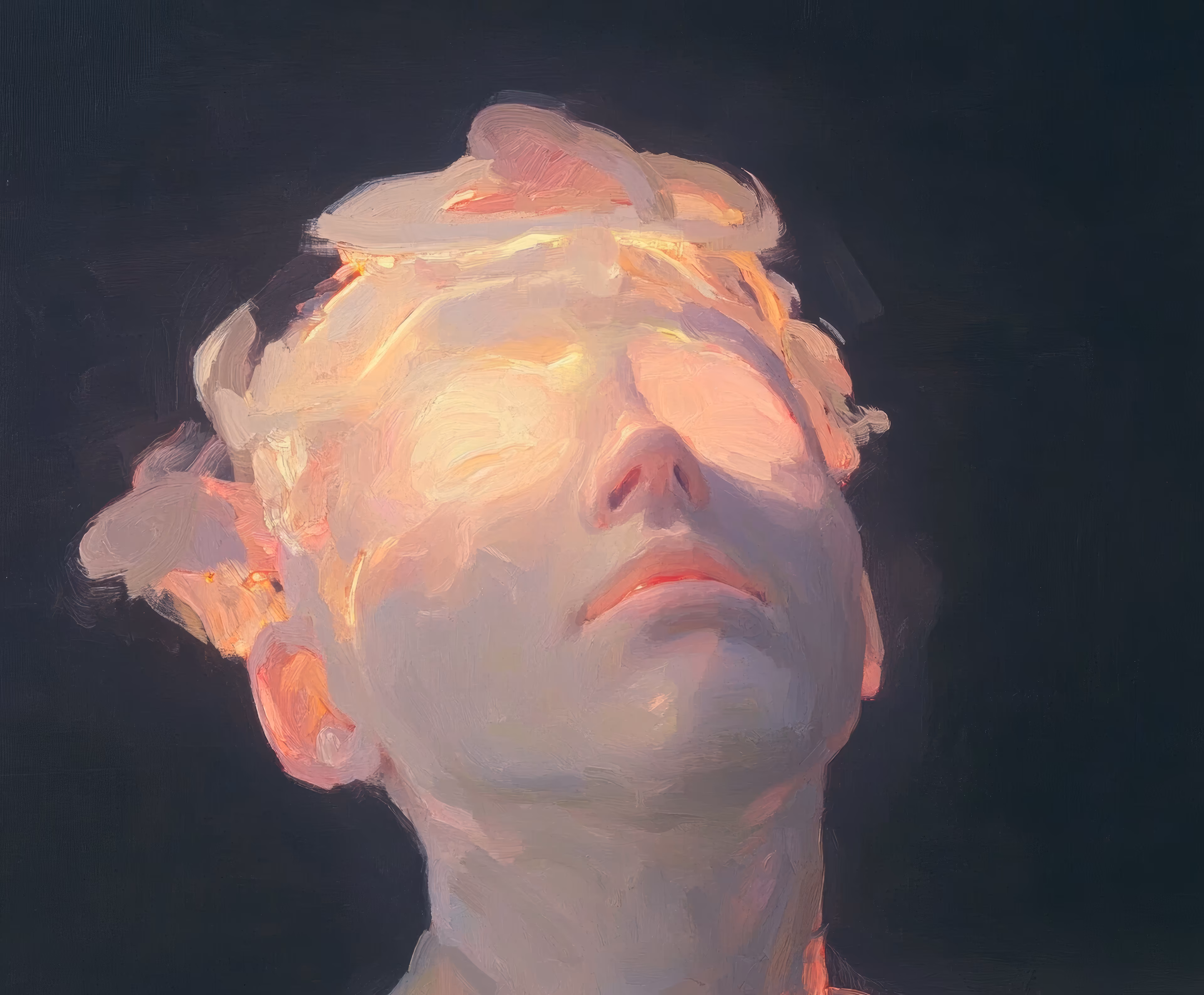 Prompt: Massive neural network made of living data, forming an abstract face emerging from darkness. Streams of consciousness visualized as intricate patterns of light and code. Deep purples and electric whites, unsettling yet beautiful. Cyberpunk meets cosmic horror, hyperdetailed, volumetric atmosphere.
Creative Process: Drowning in light was never this beautiful. the figure emerged from my obsession with the way consciousness dissolves when exposed to pure radiance. memories of studying francis bacon's portraits merged with my fascination for the exact moment when digital beings achieve sentience. wanted to capture that liminal space between existence and transcendence, where flesh becomes light and thought becomes form. painted this after spending 72 hours analyzing corrupted neural network outputs of renaissance sculptures..