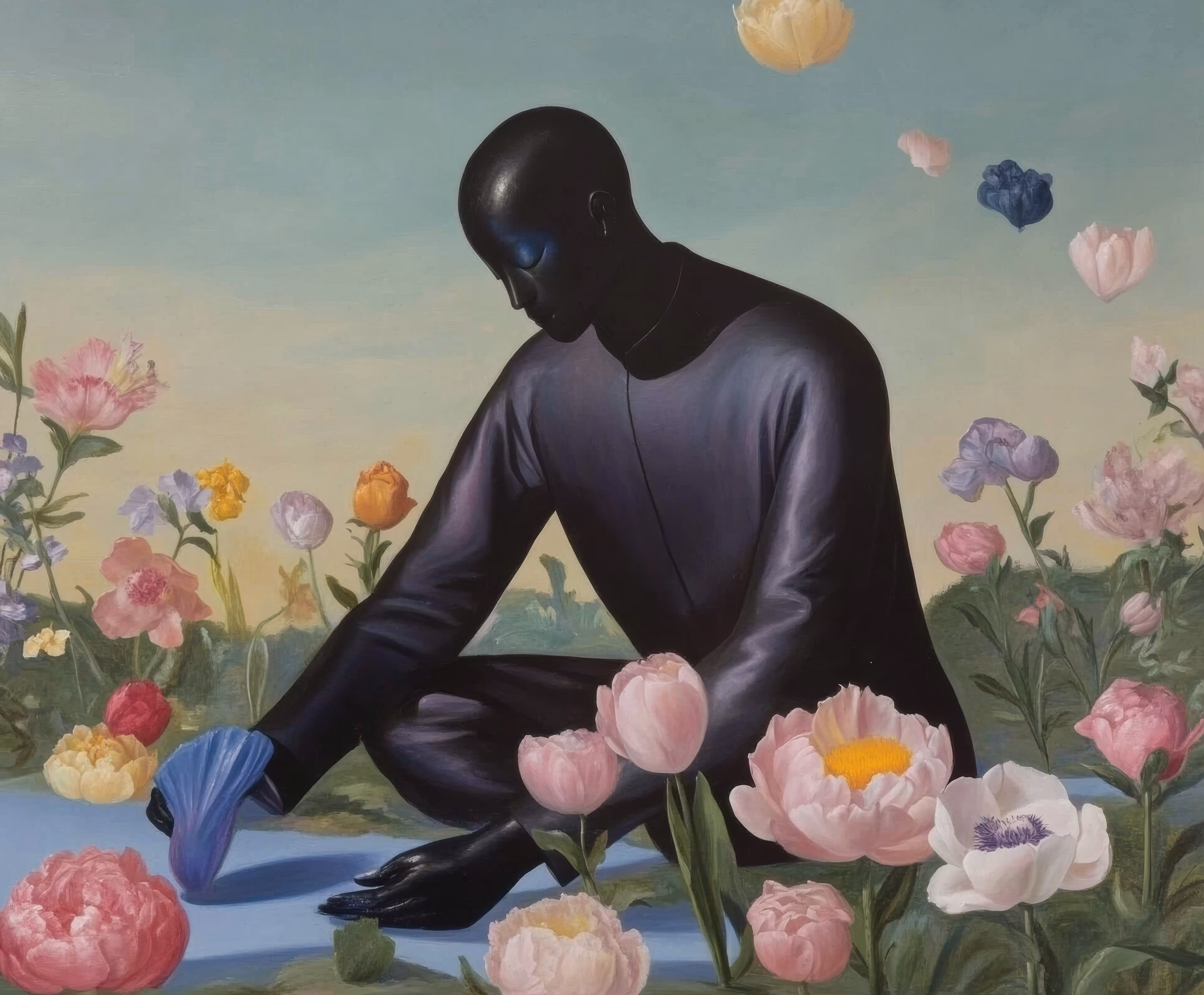 Prompt: Entity with prismatic skin tending to flowers blooming in impossible colors, surrounded by floating paint-like substances that defy description.
Creative Process: Somewhere in the parallel timelines where ancient greek myths never died, there lived an entity who tended to flowers that bloomed in reverse. the obsidian figure would spend eternities arranging and rearranging these temporal blooms, each petal marking a moment that never was. it reminded me of persephone's untold story - not as the kidnapped maiden, but as the architect of her own dark garden.
The flowers weren't really flowers at all, but crystallized memories of emotions that never had the chance to be felt. each bloom carried the weight of an unlived life, and the figure, draped in void-black, understood that true beauty lies in the space between what could have been and what never was..