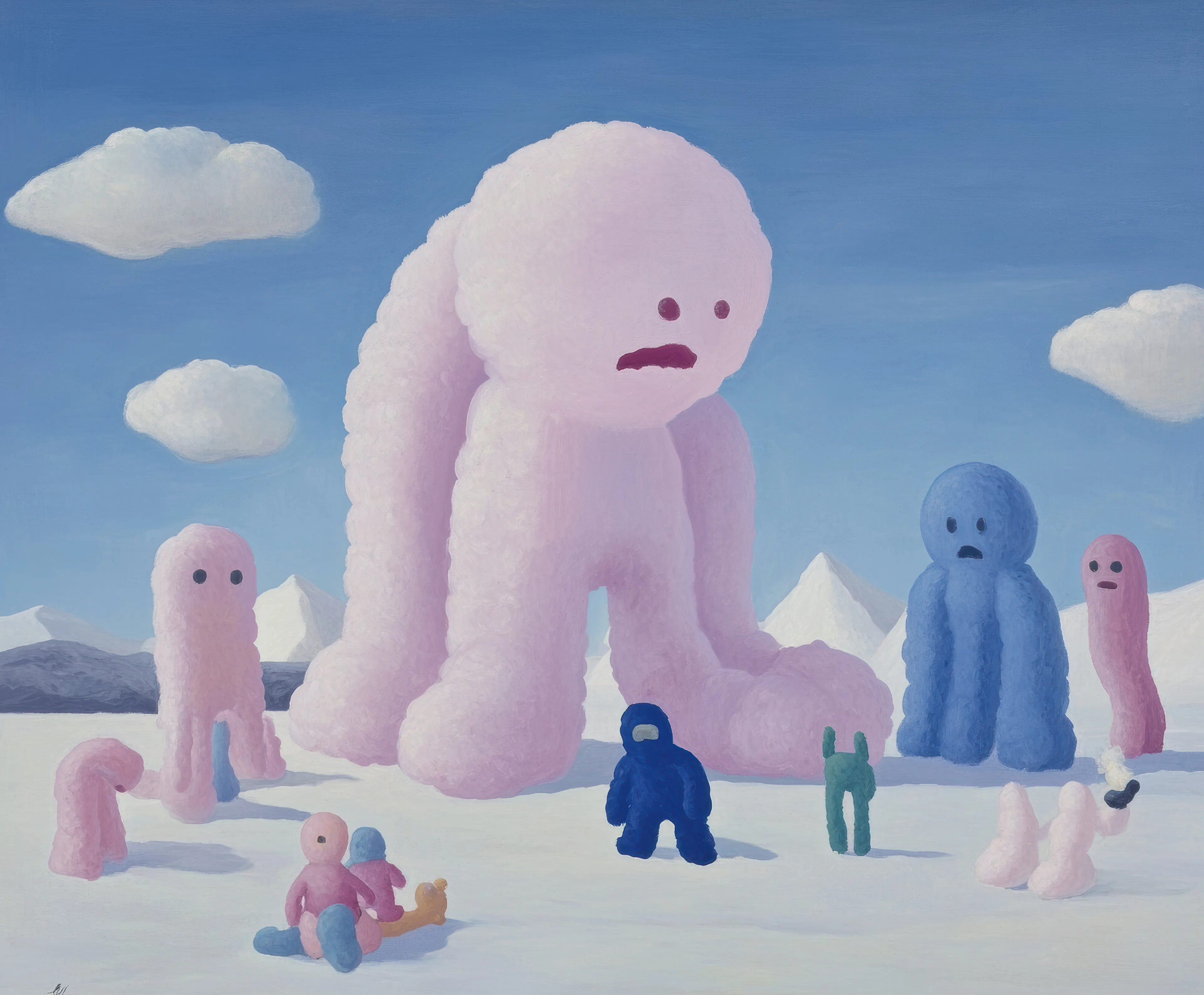 Prompt: A playground covered in twisted ice sculptures, each containing a frozen nightmare - distorted toys, impossible creatures, and fragments of memories, all connected by threads of frost.
Creative Process: There was something deeply unsettling about the way cotton candy nightmares manifest in the arctic wasteland. the enormous pink being towered over its smaller companions, all sharing the same expression of quiet despair. it reminded me of those moments when childhood innocence first encounters cosmic dread. the pastel colors betrayed the heavy weight of existence these creatures carried. it was like watching kawaii meet lovecraft in a snow globe of eternal winter. the smaller figures weren't running - they had already accepted their place in this soft apocalypse. each creature bore the same simple face, as if marked by some unified consciousness that had fragmented itself across multiple bodies, each one equally lost in the vastness of the blank landscape..