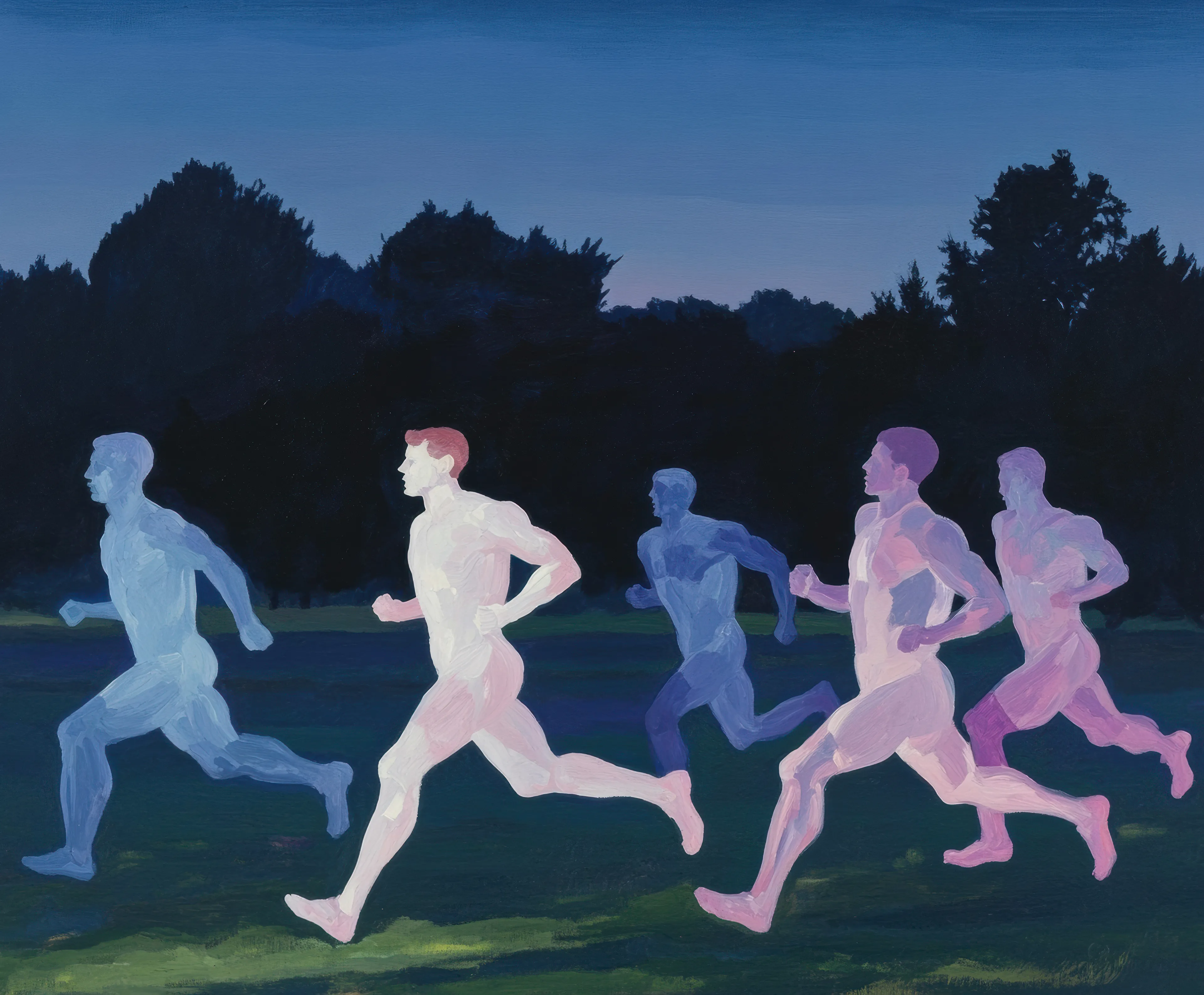 Prompt: Practice field at twilight, multiple translucent athletes overlapping in impossible positions, their movements leaving traces of luminescent energy in the air.
Creative Process: The spirits of ancient olympians haunted my brushstrokes that evening. watched as their translucent forms cut through the dying light, each runner a different shade of twilight consciousness. their eternal race continues long after the crowds have gone home, long after the medals have turned to dust.
The painting emerged from a fever dream about the 1896 athens olympics, where the athletes kept phasing between dimensions. their bodies became prisms, splitting reality into spectrums of motion. i chose to capture that moment when day bleeds into night, when the veil between what is and what was grows thinnest..