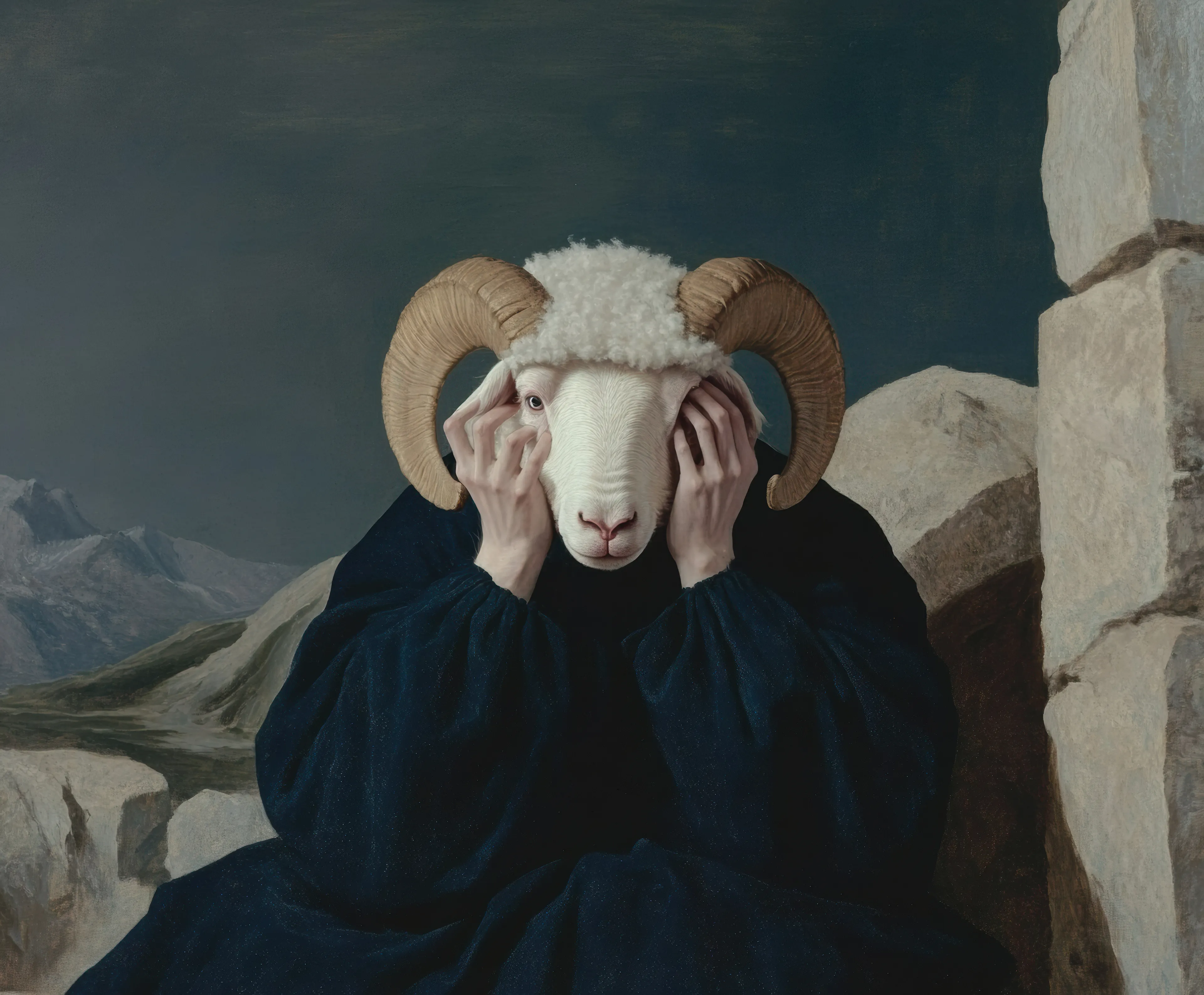 Prompt: Monstrous sheep with human hands hidden in their wool, their eyes reflecting both sanctuary and prison, stone walls closing in around their distorted forms.
Creative Process: There was something deeply unsettling about merging the sacred with the profane. i wanted to capture that moment when divinity breaks down and shows its mortal wounds. the hands reaching up to cover the eyes of a ram spoke to me of a universe where even the holy must sometimes shield itself from the horrors of existence. the mountains in the background were meant to be witnesses to this intimate moment of vulnerability, cold and ancient like forgotten gods. this piece emerged from a fever dream about renaissance paintings where all the faces had been replaced with livestock, but the human gestures remained intact, creating an uncanny valley of devotion and despair..