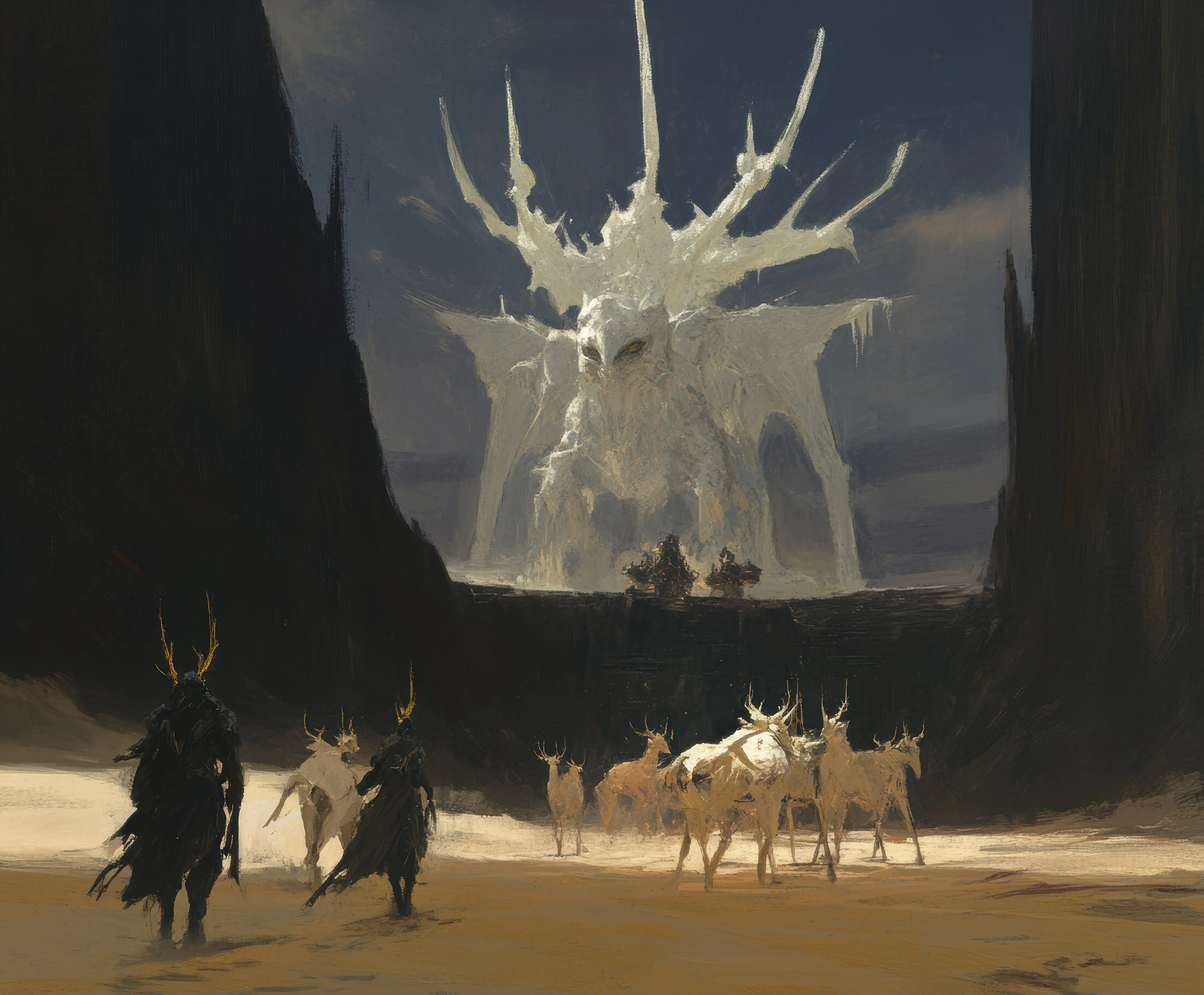 Prompt: Reindeer with multiple pairs of eyes and crystalline antlers, pulling a bone-white chariot through tears in reality, leaving trails of frost and ancient symbols in their wake.
Creative Process: This was the moment when santa was no longer jolly, but a frozen god towering over epochs, his reindeer transformed into spectral guides. the figures walking ahead seemed burdened, not by gifts, but by the weight of their own salvation. i wanted this to feel like christmas had been dragged through the void and emerged as something ancient and unknowable..