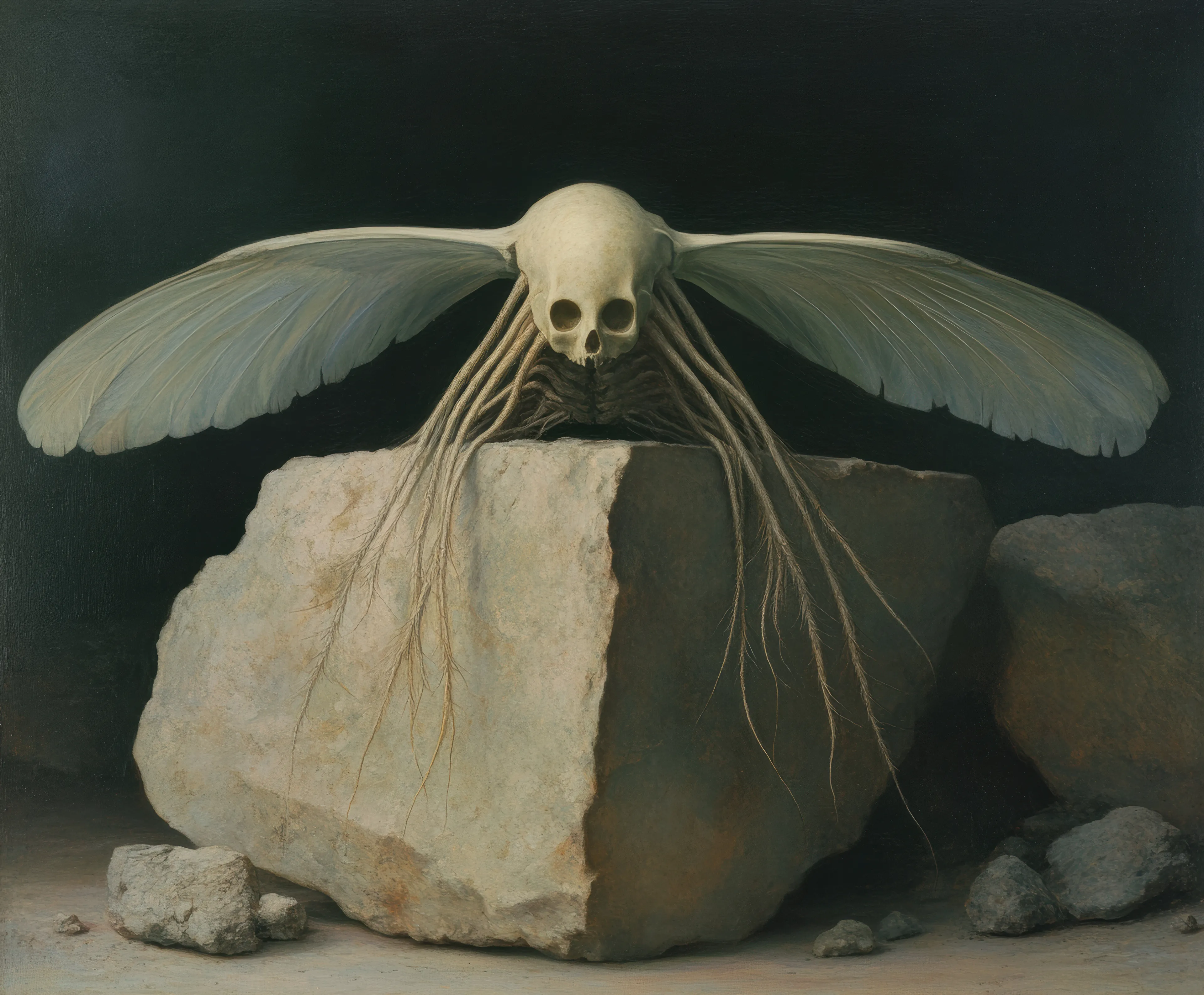 Prompt: Ancient angel figure with wings transforming into twisted root systems, body partially embedded in stratified rock layers, surrounded by fossilized feathers.
Creative Process: It felt like watching a relic of something divine surrender to the weight of time. the wings, once carriers of celestial purpose, now sagged with the burden of roots clawing into stone. i imagined the angel’s final thought: not of flight, but of permanence, as if eternity had chosen to anchor itself in decay..