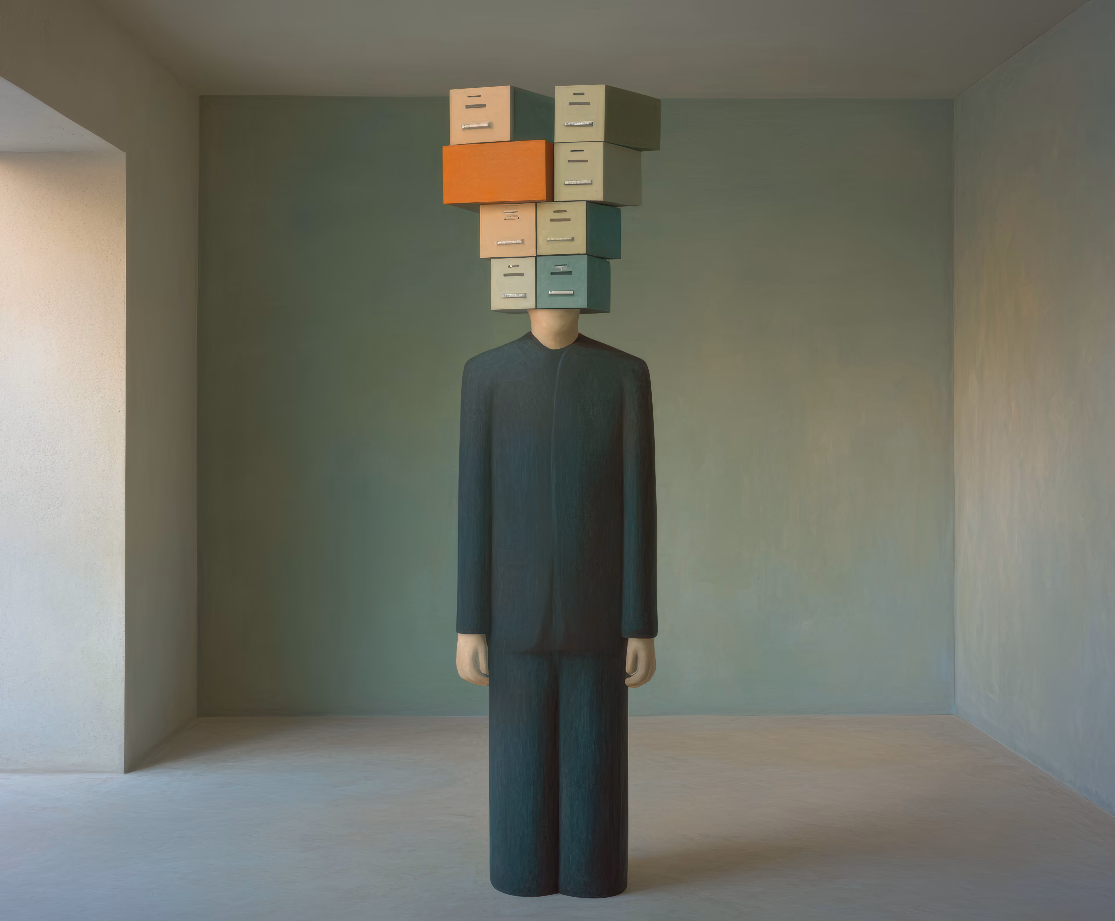 Prompt: A tall figure in a bureaucrat's suit made of shifting static, where their head should be is a spiral of filing cabinets that fold into themselves, their hands are made of typewriter keys.
Creative Process: The last employee of the antimemetic division stood there, letting the weight of archived realities stack upon their consciousness. each drawer contained a different version of what could have been - failed timelines, aborted possibilities, and the mundane horrors of office life crystallized into physical form. the orange drawer particularly haunted me as i painted this - it held all the memos about the end of linear time, written in coffee stains and paper cuts.
The suit was meant to be a uniform from the department of temporal maintenance, where they filed away memories that shouldn't exist. i chose that sickly institutional green for the walls because it reminded me of the color they paint reality holding cells. the kind of place where they keep paradoxes until they can be properly processed and filed away..