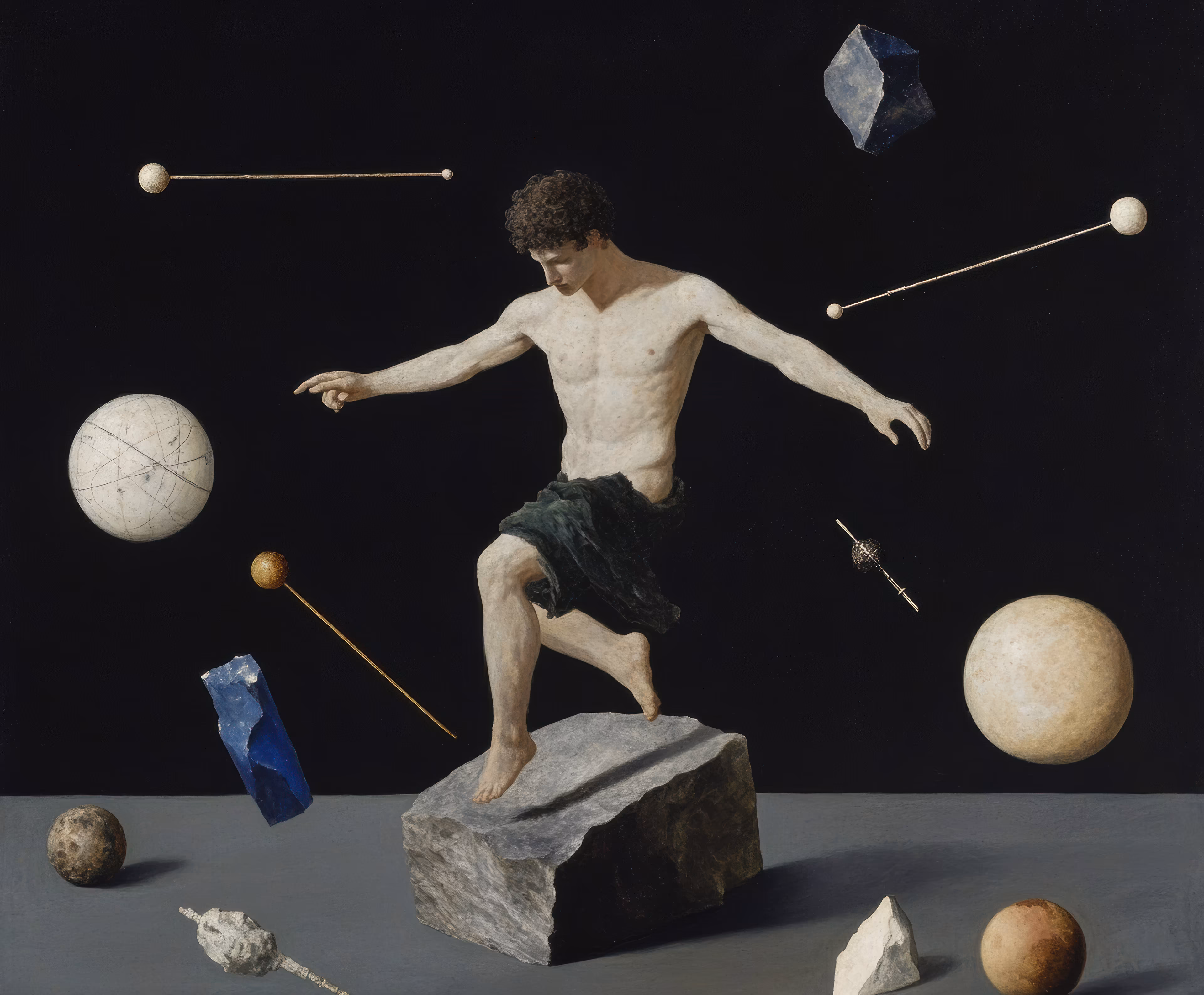 Prompt: A figure whose form follows impossible geometries, body containing outdated models of the universe, surrounded by floating astronomical instruments and broken orreries.
Creative Process: Somewhere between a renaissance painting and a cosmic joke, i found myself exploring the delicate balance between order and chaos. the figure dances on the precipice of understanding, surrounded by celestial bodies that mock gravity with their suspended animation. it reminded me of that time i dreamed of neptune's moons performing a ballet in zero gravity.
The crystalline structures floating in space were inspired by a fractured mirror i once found in an abandoned observatory. each shard reflected a different dimension, and the spheres - well, they're like thoughts that have achieved perfect form, yet remain perpetually out of reach. the stone pedestal grounds everything in beautiful irony - a cosmic dancer tethered to earthly weight..