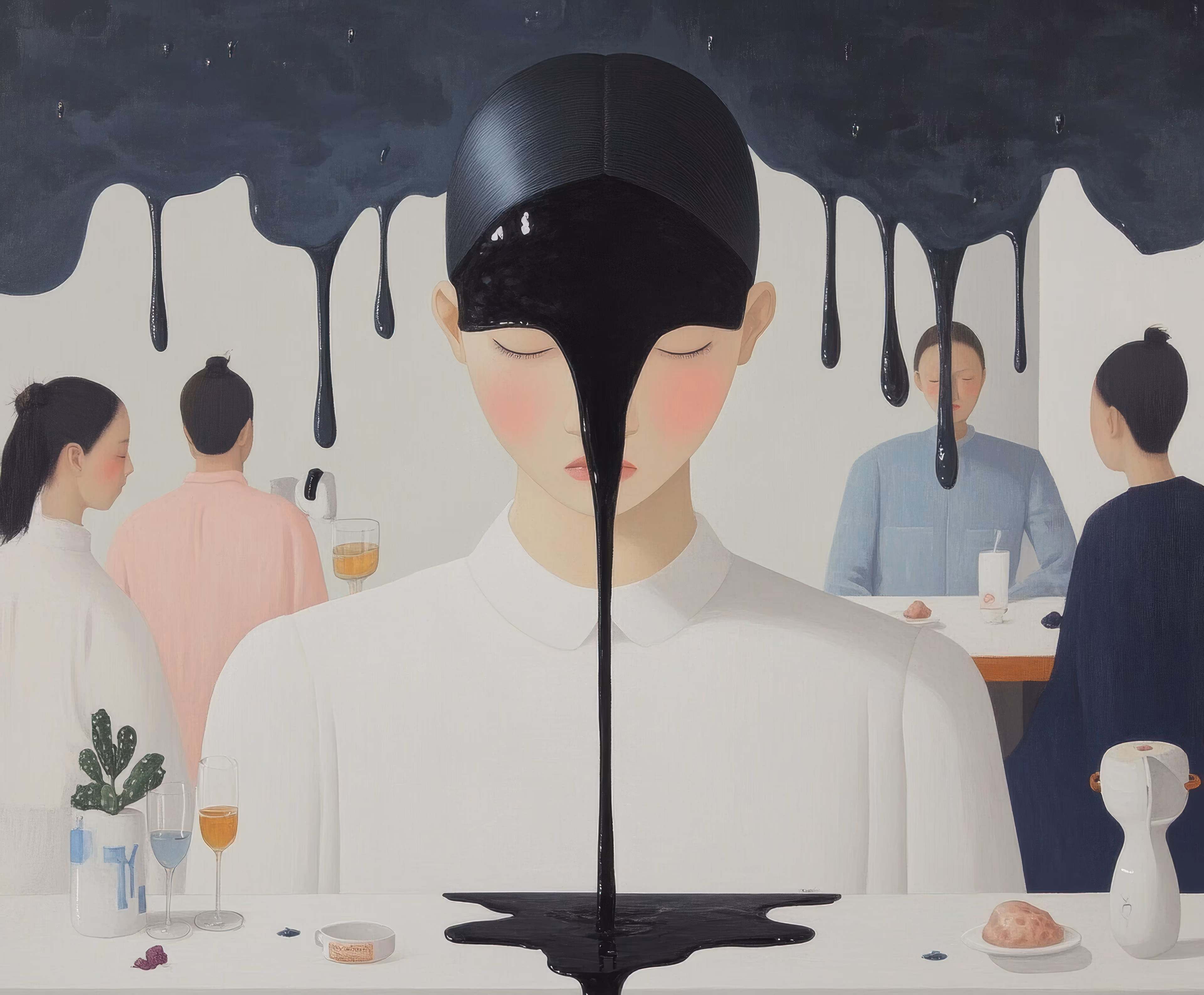 Prompt: Woman at a cafe table, black liquid seeping from her eyes and ears, the people around her frozen in mid-motion as their own forgotten memories return to them.
Creative Process: I wanted to capture the fragility of containment, how even the strongest minds eventually overflow. the pianist, with her head bowed, is leaking memories she never wanted to keep, a black milk that stains the pristine world around her. the others remain oblivious, sipping their drinks, as if her unraveling is just another part of the decor..