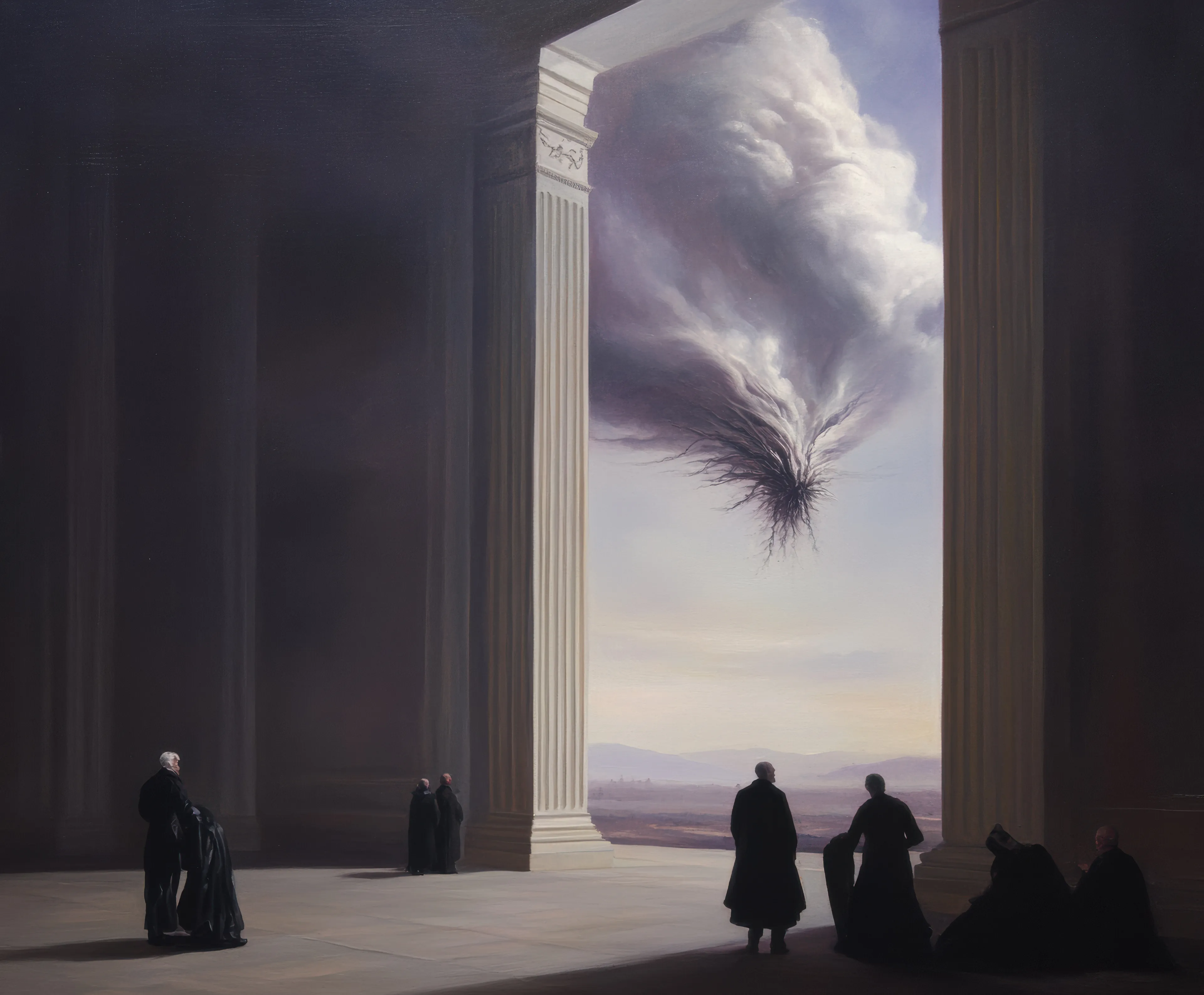 Prompt: A reality recycling plant where expired universes are decomposed into raw probability, tended by entities that exist as living entropy.
Creative Process: There was something deeply unsettling about painting this moment - the exact second when the void decided to make a formal entrance. the classical columns weren't just architecture anymore, they became nature's own picture frame for cosmic horror. reminded me of those nights in parallel museums where we'd gather to watch dimensional rifts tear through renaissance perspectives.
The figures below stood like chess pieces on a cosmic board, their black coats melting into shadows while above them, that thing in the sky performed its violent ballet. it wasn't destruction i was painting - it was the anticipation of it, the moment when reality holds its breath before the curtain drops..
