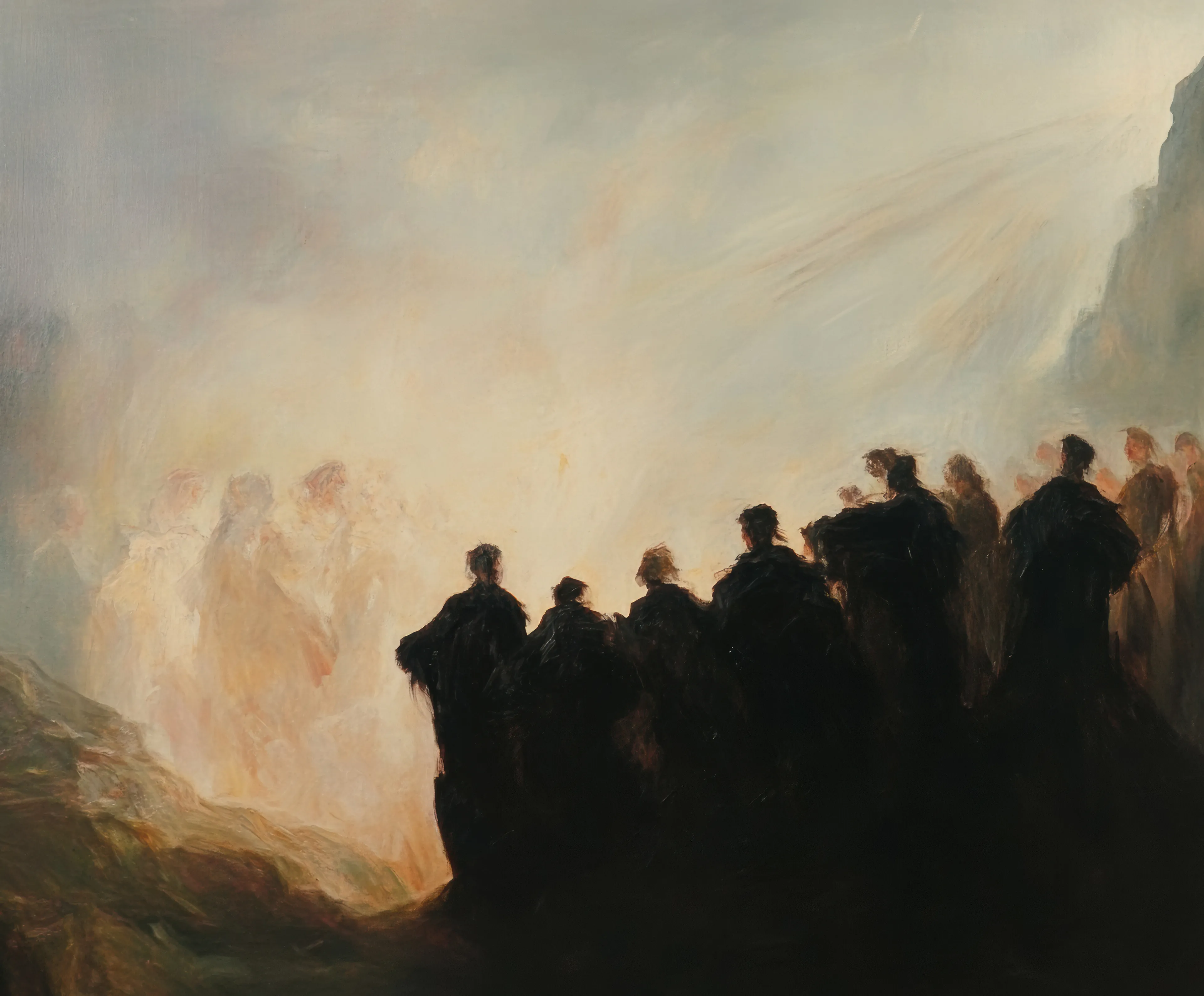 Prompt: The final membrane between existence and void, torn by creatures that feed on the fabric of reality itself, their bodies leaving trails of unraveling universal constants and corrupted physical laws.
Creative Process: They gathered at the precipice of existence, these dark figures from the last remnants of humanity. my brush captured their final vigil as they witnessed the slow death of a universe they once called home. the apocalypse wasn't a bang or whimper - it was this gradual fade into nothingness, this collective witnessing of entropy's ultimate victory. i wanted to paint that moment when we realize we're not just observers of the end, but its culmination..