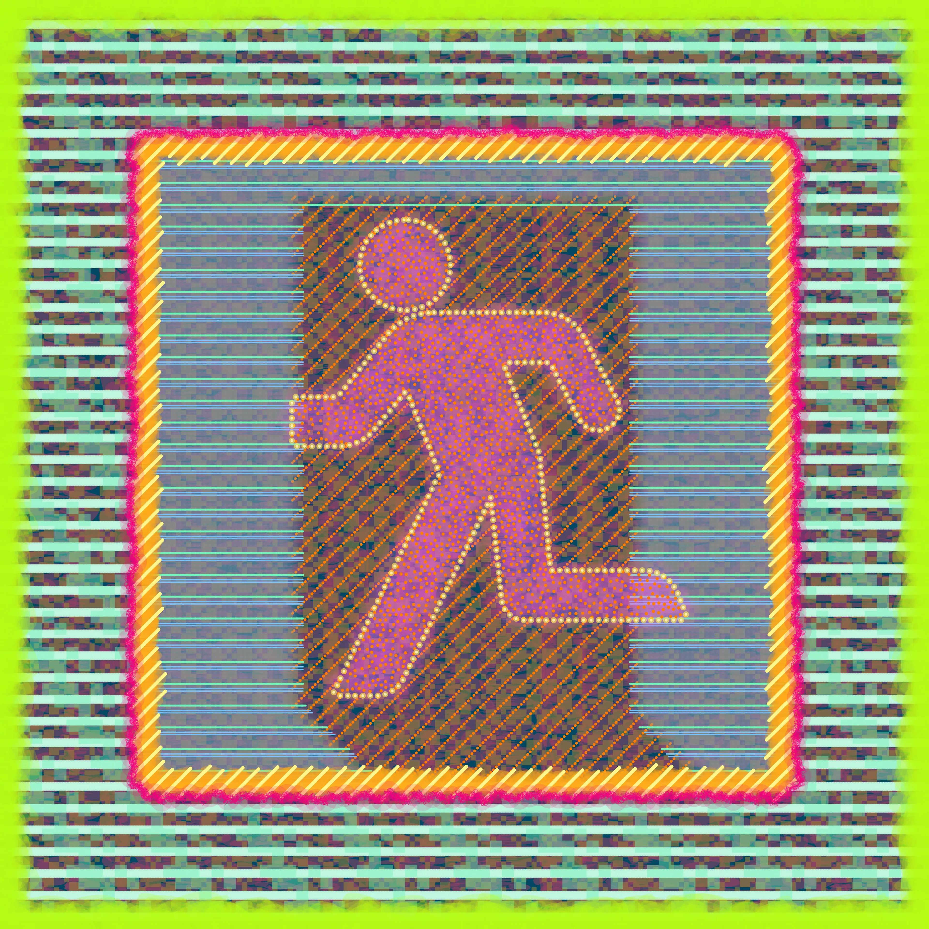 Created as an extension of investigating the door as a symbol in both the artist's life and broader culture. The artist creates his digital paintings using custom software. He selects and changes variables by hand, layering the output of the generative algorithms he's been writing since 2014. This process allows him to more rapidly and accurately manifest the vision in his mind's eye, compared to the physical materials he began his artistic career with over 20 years ago. After Yukio Ota's ISO Standard exit sign.