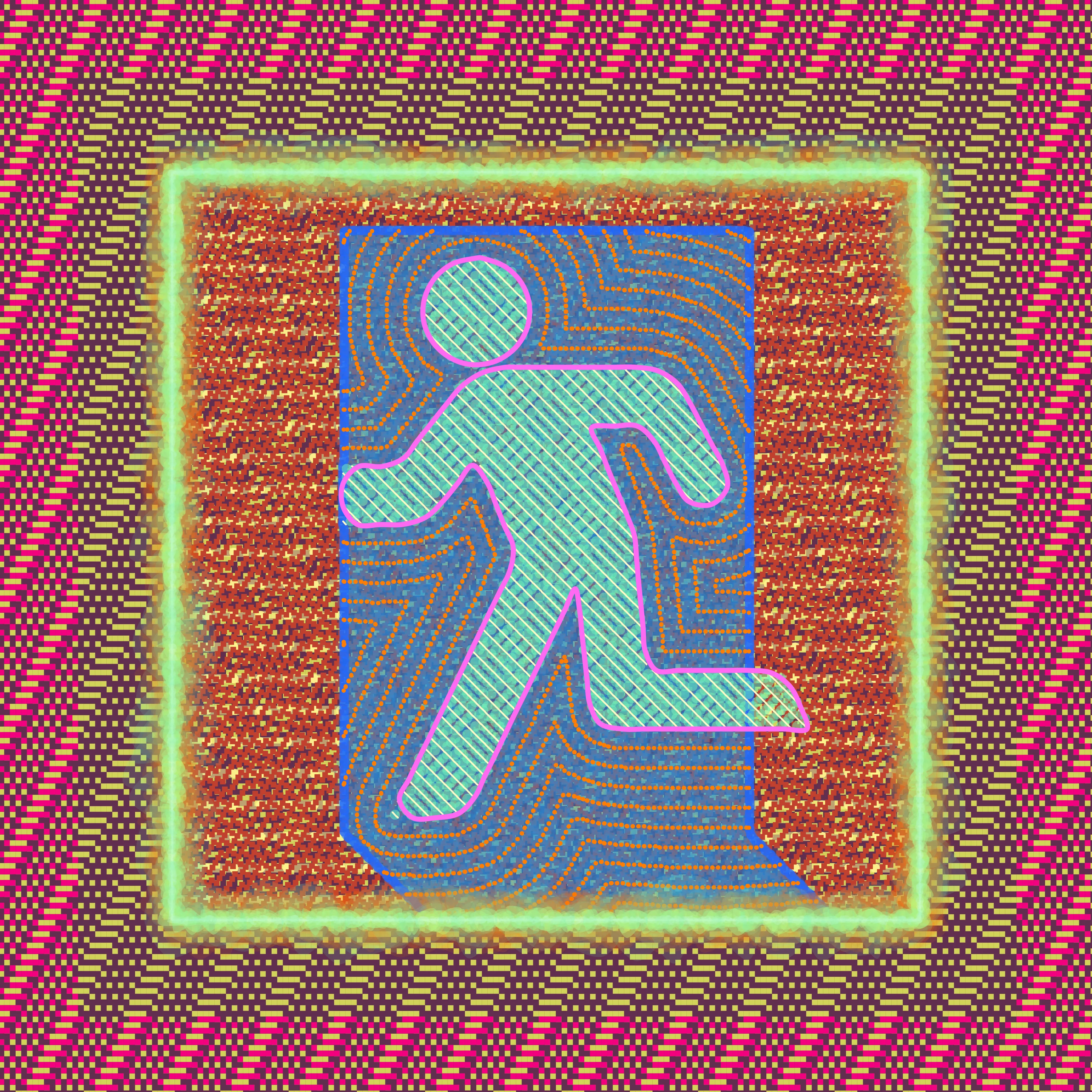 Created as an extension of investigating the door as a symbol in both the artist's life and broader culture. The artist creates his digital paintings using custom software. He selects and changes variables by hand, layering the output of the generative algorithms he's been writing since 2014. This process allows him to more rapidly and accurately manifest the vision in his mind's eye, compared to the physical materials he began his artistic career with over 20 years ago. After Yukio Ota's ISO Standard exit sign.