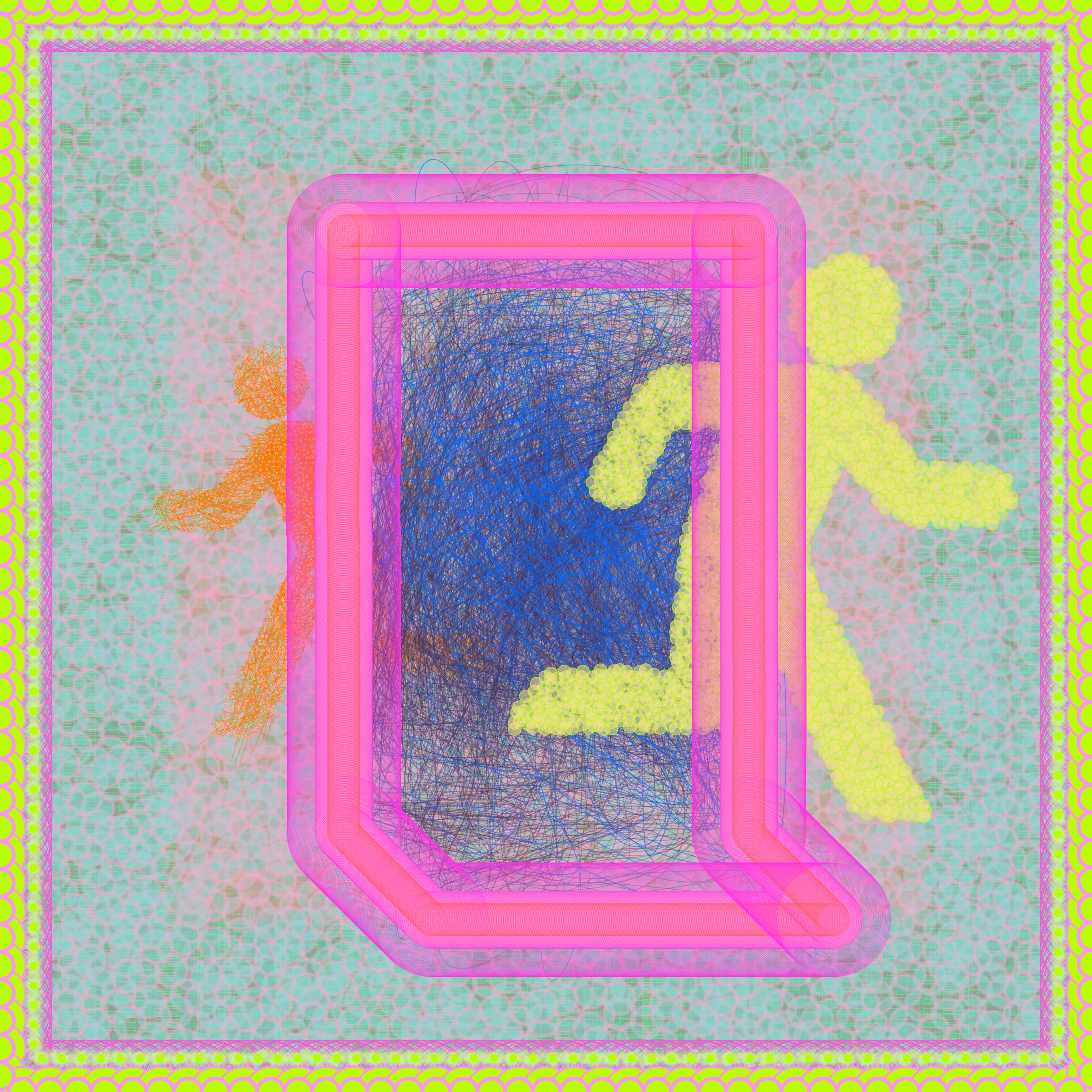 Created as an extension of investigating the door as a symbol in both the artist's life and broader culture. The artist creates his digital paintings using custom software. He selects and changes variables by hand, layering the output of the generative algorithms he's been writing since 2014. This process allows him to more rapidly and accurately manifest the vision in his mind's eye, compared to the physical materials he began his artistic career with over 20 years ago. After Yukio Ota's ISO Standard exit sign.