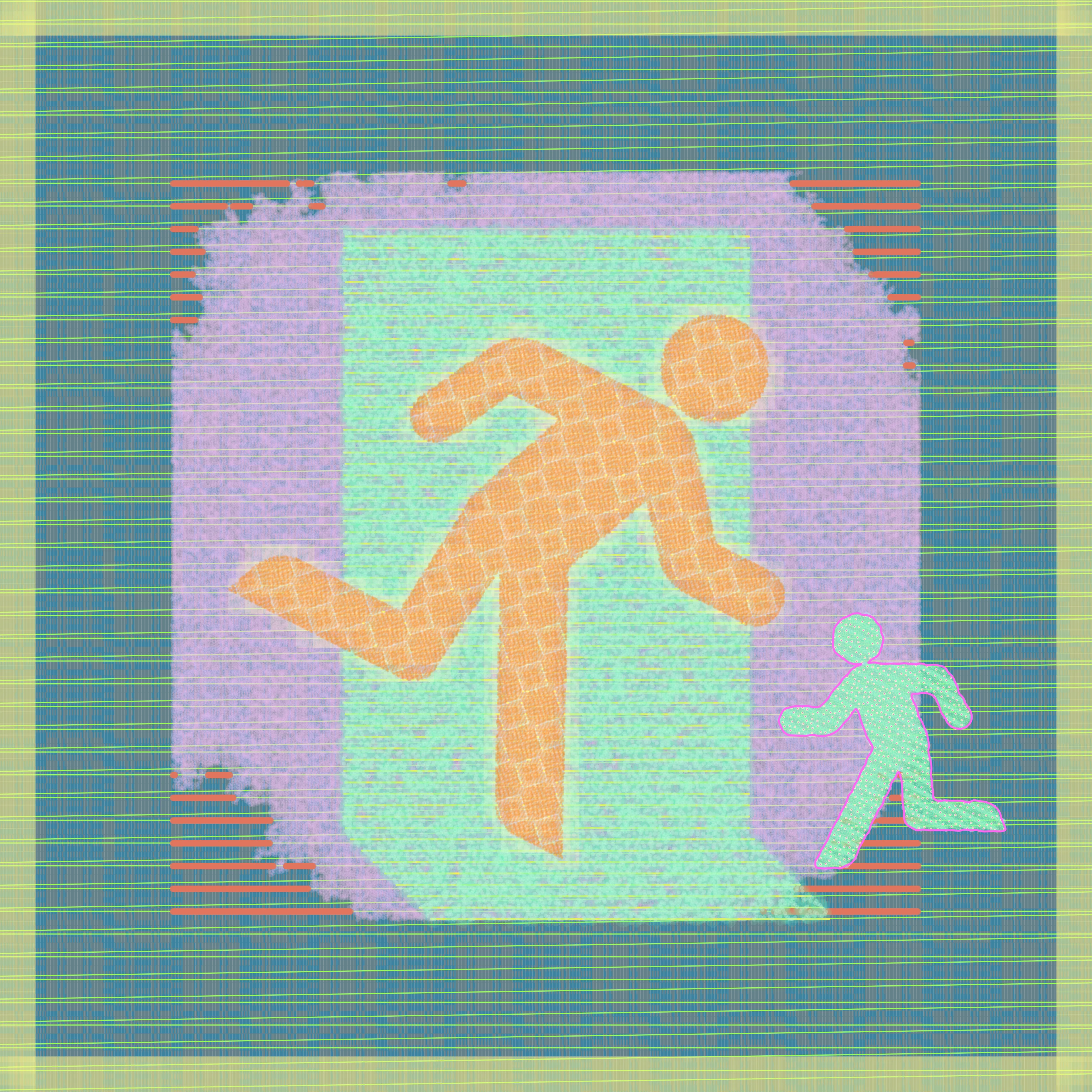 Created as an extension of investigating the door as a symbol in both the artist's life and broader culture. 

The artist creates his digital paintings using custom software. He selects and changes variables by hand, layering the output of the generative algorithms he's been writing since 2014. This process allows him to more rapidly and accurately manifest the vision in his mind's eye, compared to the physical materials he began his artistic career with over 20 years ago. 

After Yukio Ota's ISO Standard exit sign.